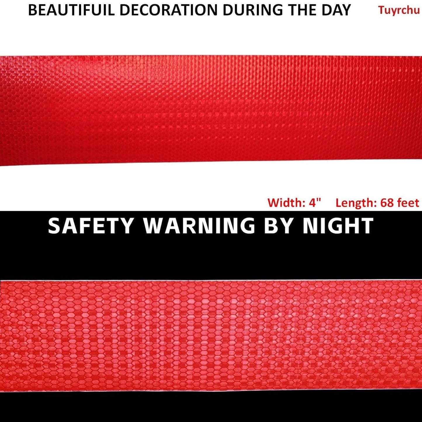 Red Reflective Tape Outdoor Waterproof 4 inch Wide, High Visibility Warning Safety Industrial Marking Tape (68 feet)