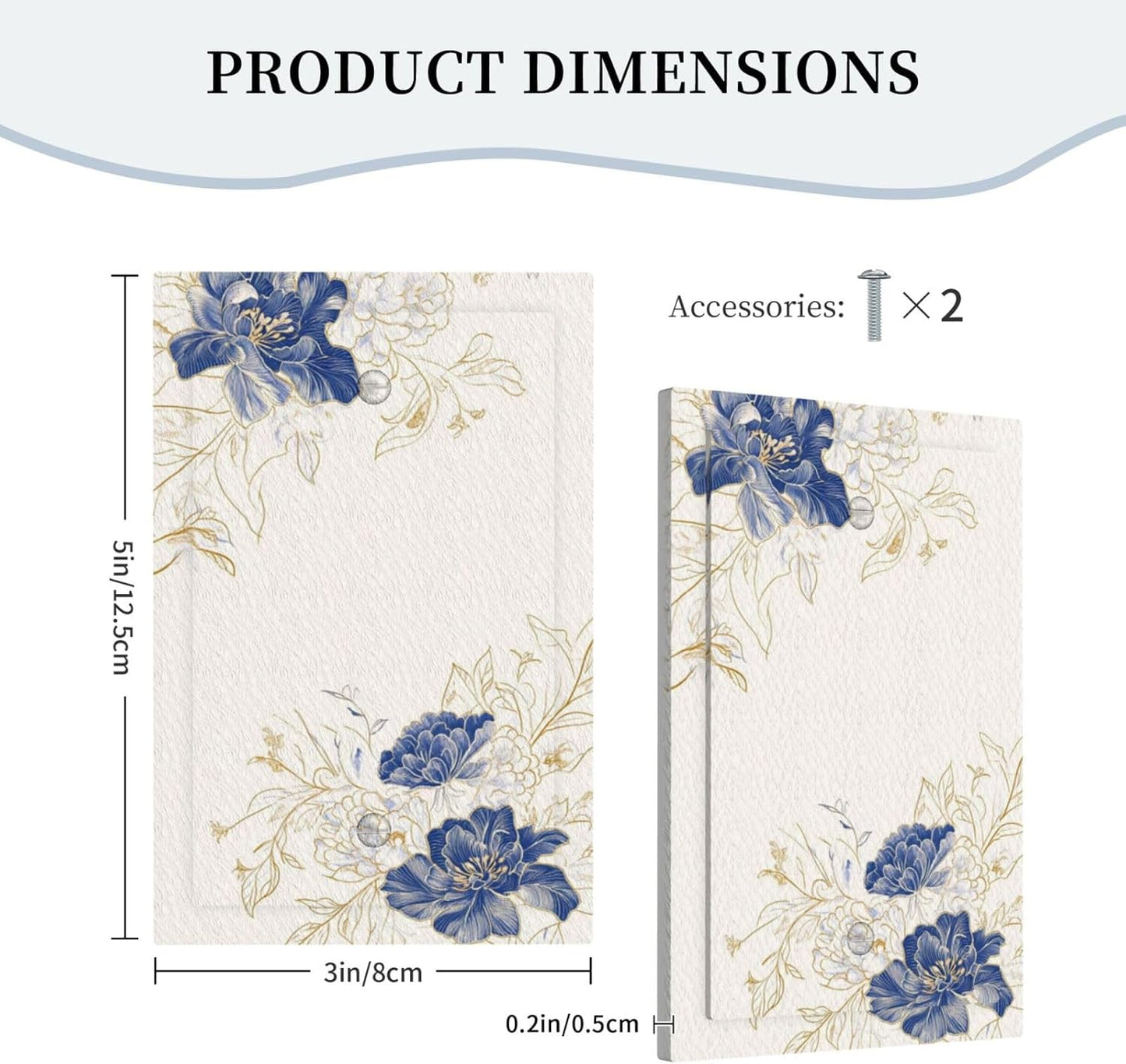 Decorative Light Switch Cover Plate Rustic Blue Flower Floral Gold Leaf 1 Gang No Device Single Blank Outlet Covers Wall Plates for Electrical Outlets Faceplate for Bedroom Home Decor
