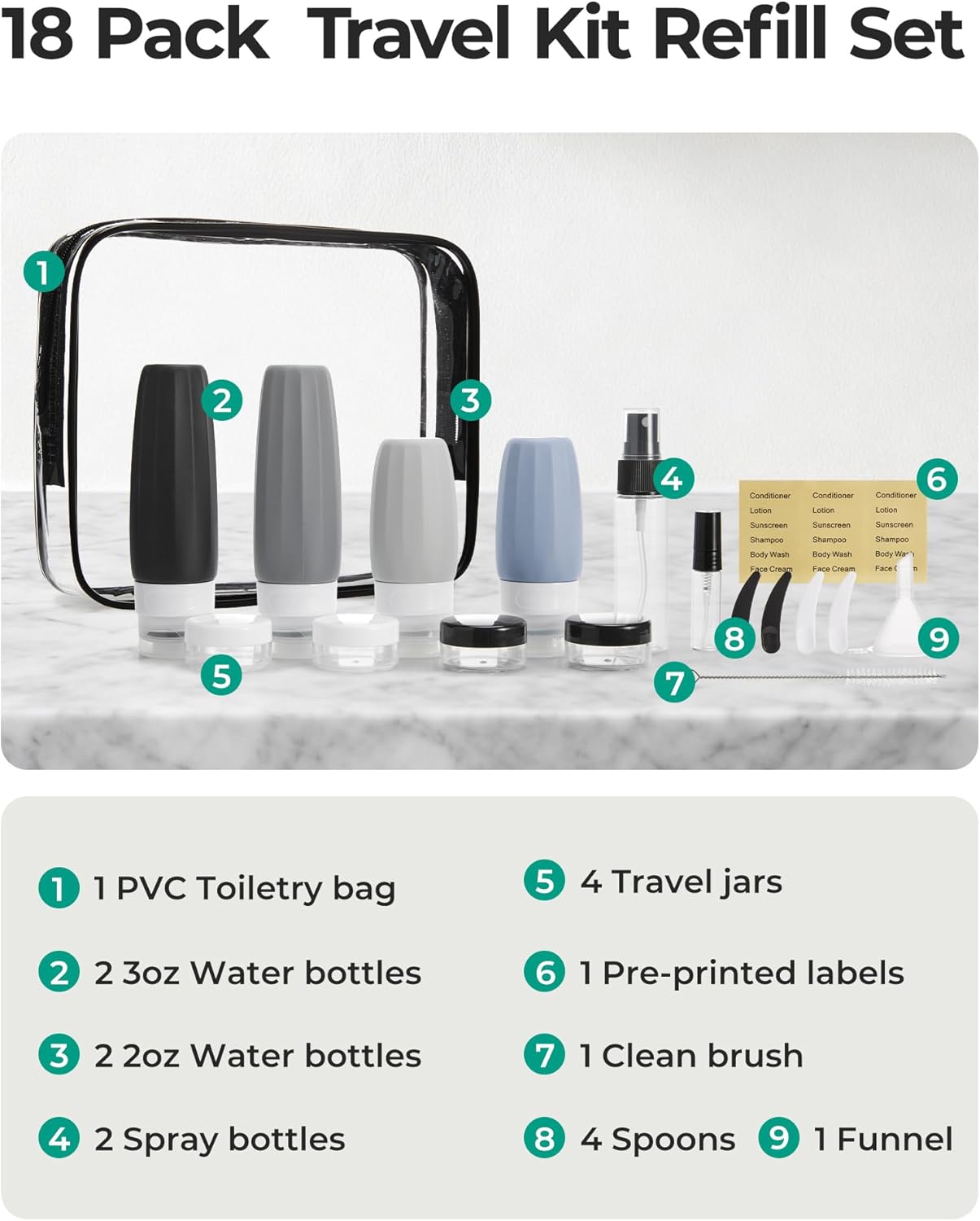 BAGSMART 18 Pack TSA Approved Travel Bottles for Toiletries, Leak Proof Silicone Travel Size Containers Bottles for Shampoo, Earth Tone