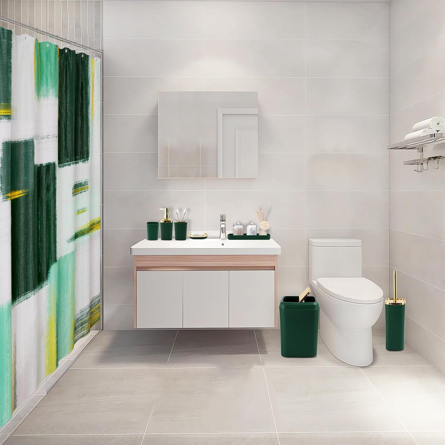 Green and Gold Bathroom Accessories Set, Bathroom Sets with Shower Curtain, Green Bathroom Accessories with Trash Can, Soap Dispenser, Soap Dish, Toilet Brush Holder, Qtip Holders