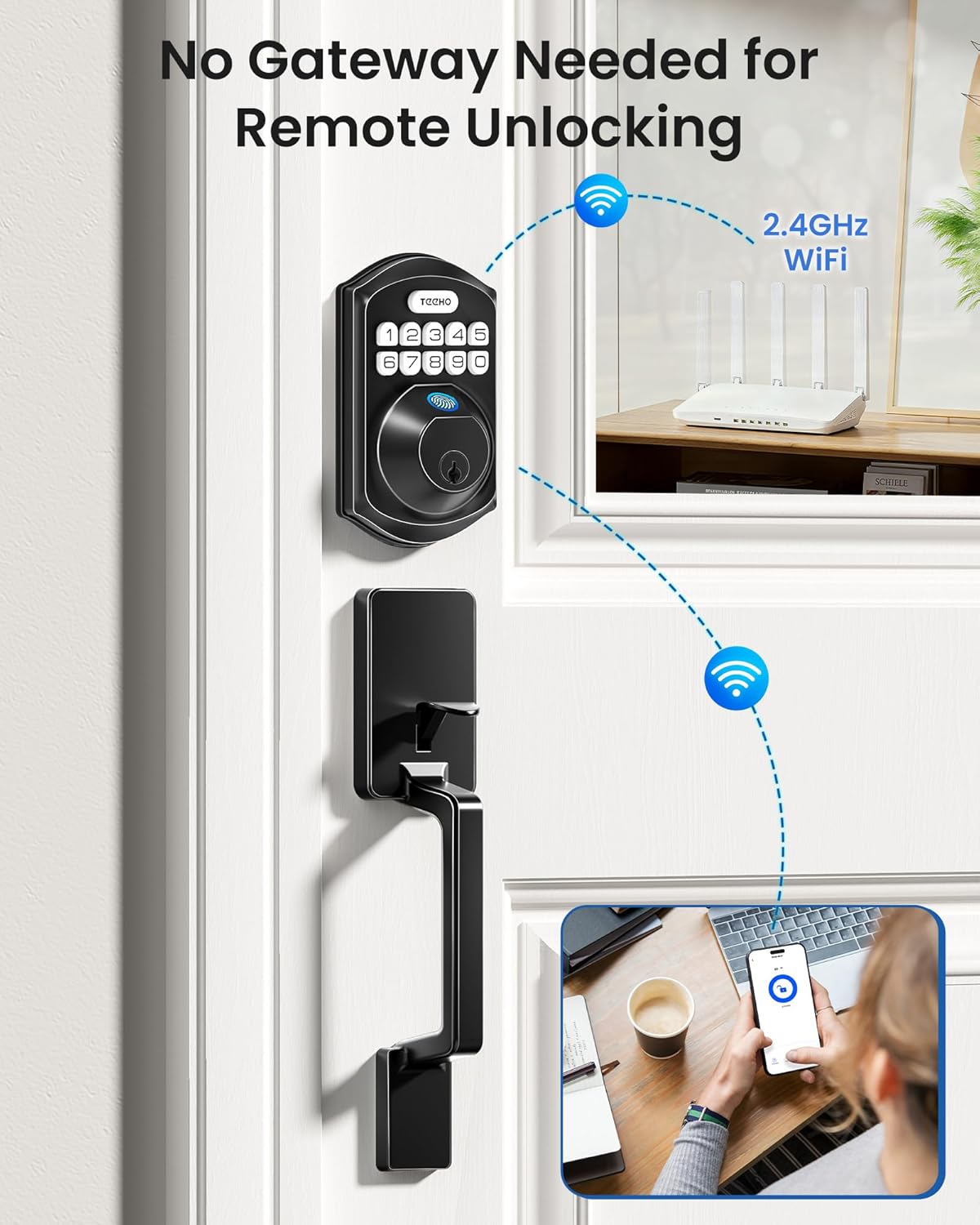 TEEHO TE012W-H WiFi Smart Door Lock with Handle, Fingerprint, Keypad, Key & App Control, Keyless Entry Deadbolt Set, Compatible with Alexa & Google Assistant, Easy Install for Front Door, Matte Black
