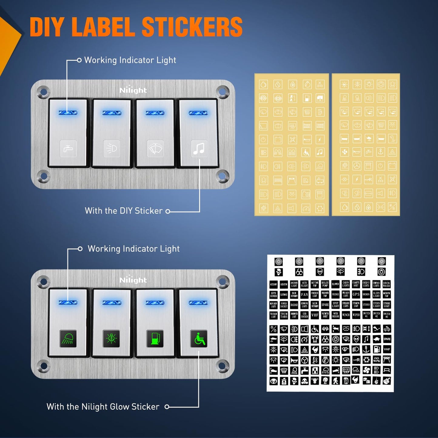 Nilight 4 Gang Rocker Switch Panel 3 Pin On Off Pre-Wired Toggle Switches Blue LED Waterproof Aluminum with DIY Stickers for 12V 24V Automotive Cars Marine Boats UTV Truck Jeeps
