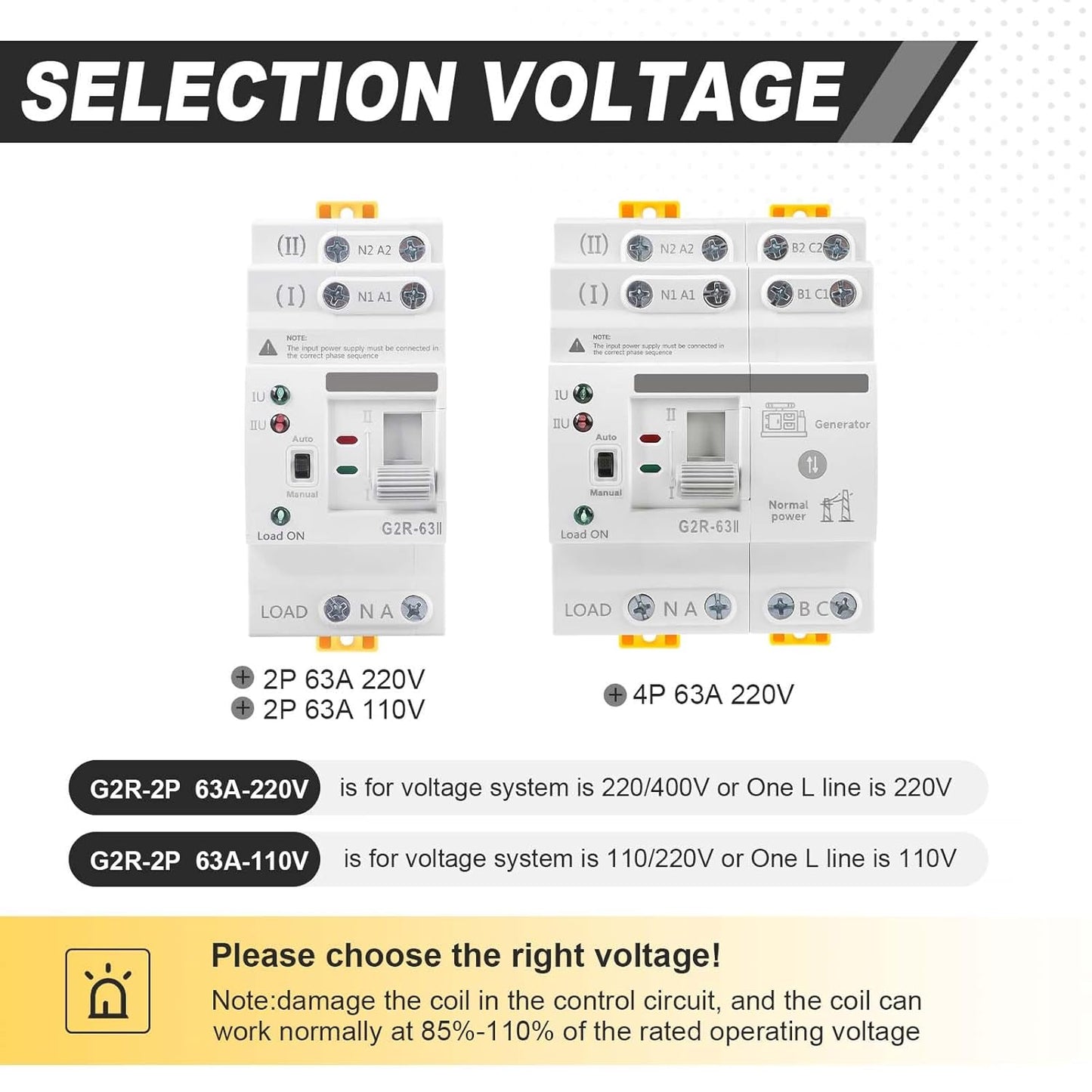 63Amp 110V AC Mini ATS Automatic/Manual Transfer Switch, 4Pole G2R Solar Auto Dual Power Changeover Switch for Home Generator, Din Rail Mounted 50/60Hz CE Certified for Rv, Lv, Cn Public/Backup Power