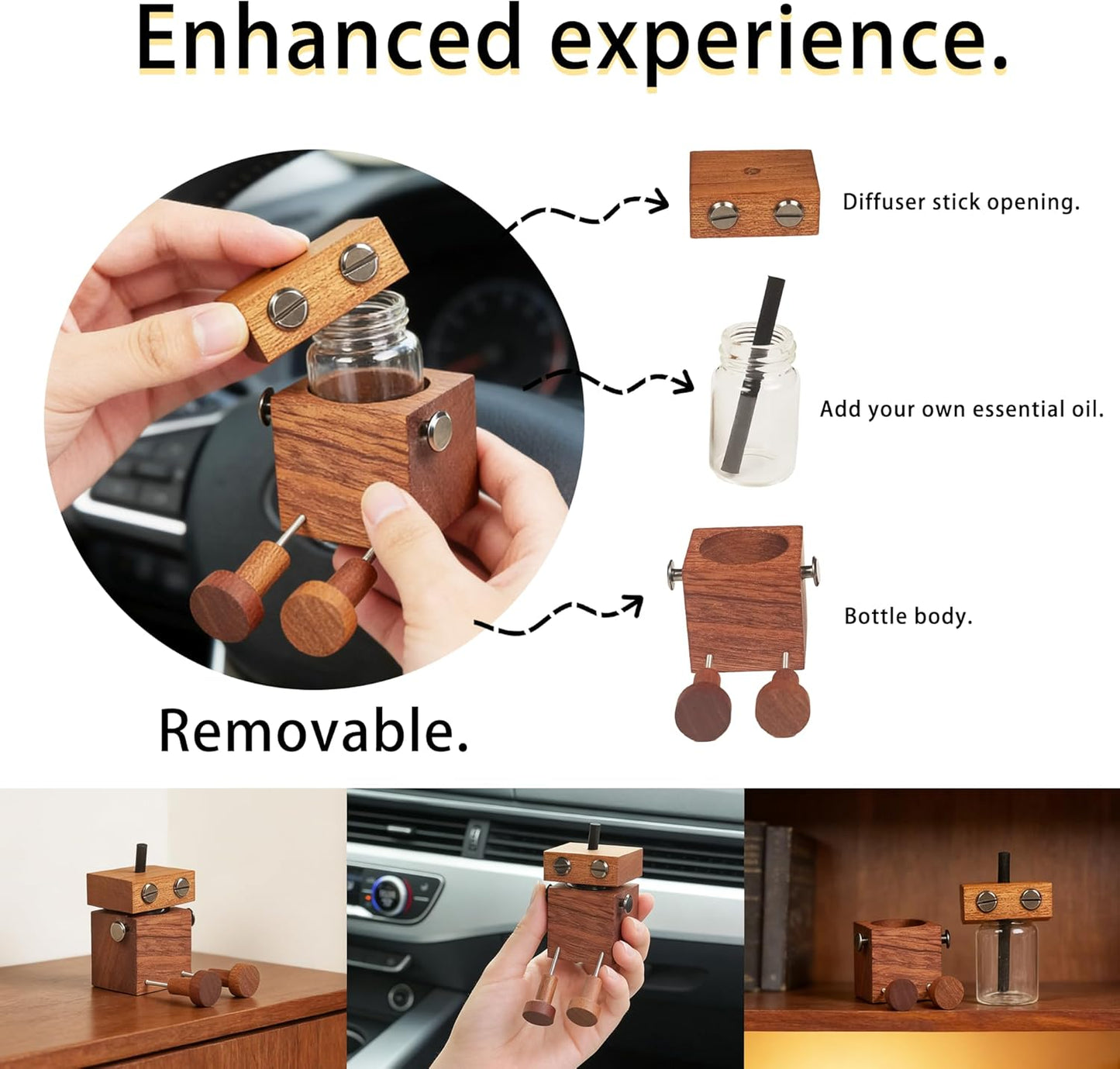 Scented Wooden Man Figurine - Magnetic Aroma Diffuser Doll for Car Vent & Dashboard, with Built-in Essential Oil Storage & Absorbent Stick, Funny Dancing Decor for Car and Desk, Brown