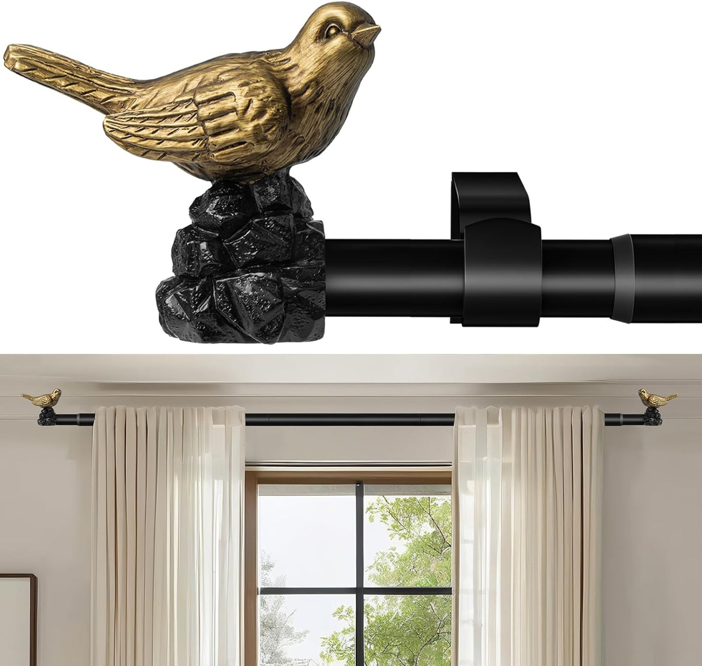 Vintage Gold Curtain Rod 72 to 144 Inches Curtain Rods for Windows Adjustable Heavy Duty Drapery Rod with Bird Finials for Living Room Bedroom