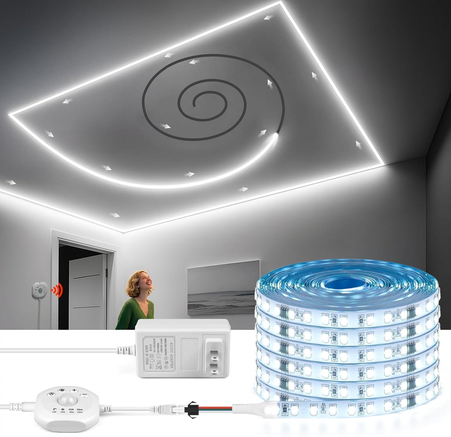 32.8Ft Motion Sensor Running Water Flowing LED Strip Light Kit,6500K White LED Strip Light Cut&Dimmable, 24VMotion Activated Flexible Horse Race Tape Light for Room Stair Corridor