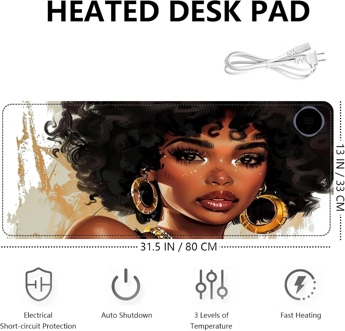 Heated Mouse Pad with 3 Levels Heated & 3 Hours Auto Shut-Off Mouse Pad for Warming Hands in Office Home, 31.5" x 13"Large Safe Desk Mat Hand Warmer，Girl with Short Hair