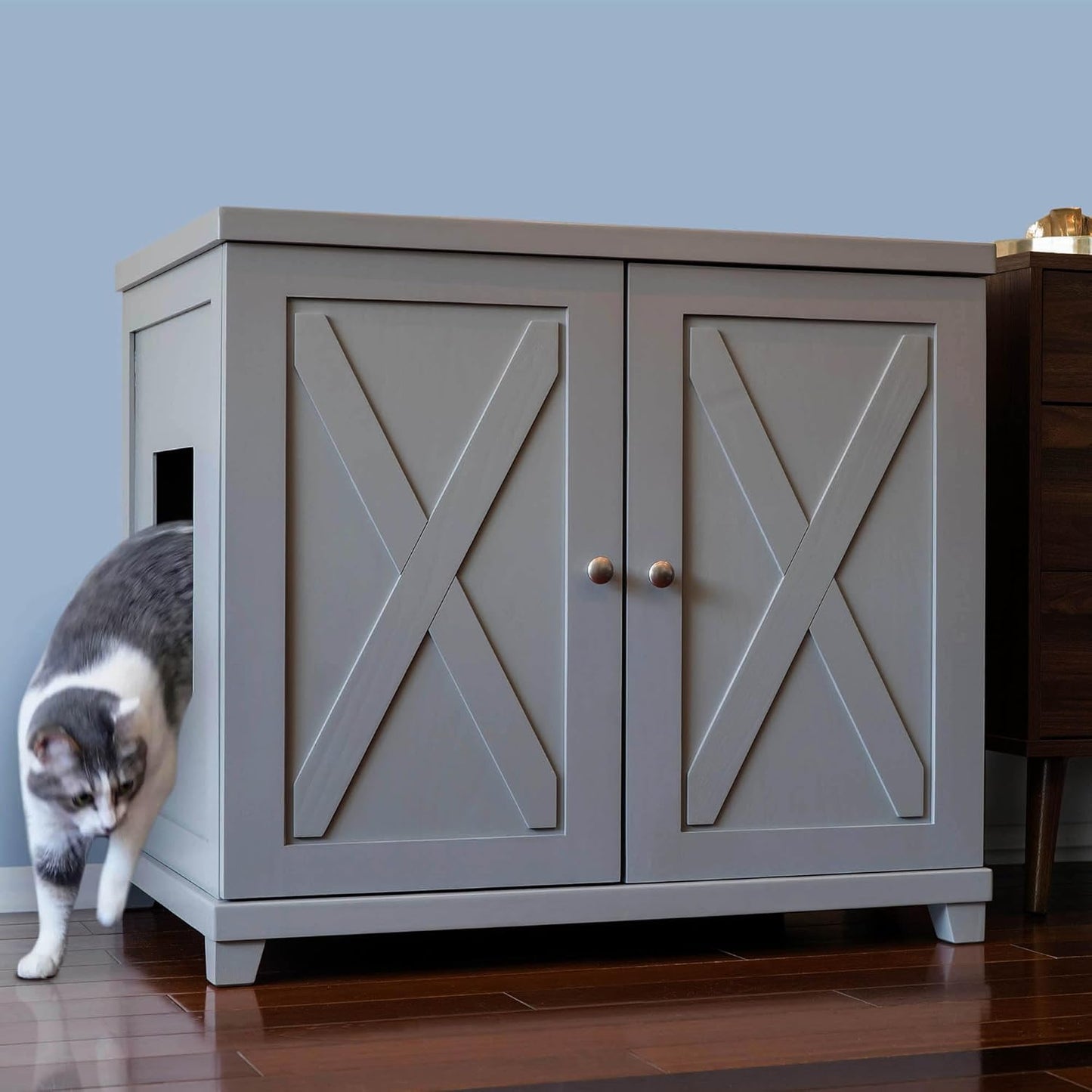 THE REFINED FELINE Cat Litter Box Enclosure Cabinet, Farmhouse, Smoke Gray, Tapered Feet, XLarge, Hidden Litter Cat Furniture with Drawer