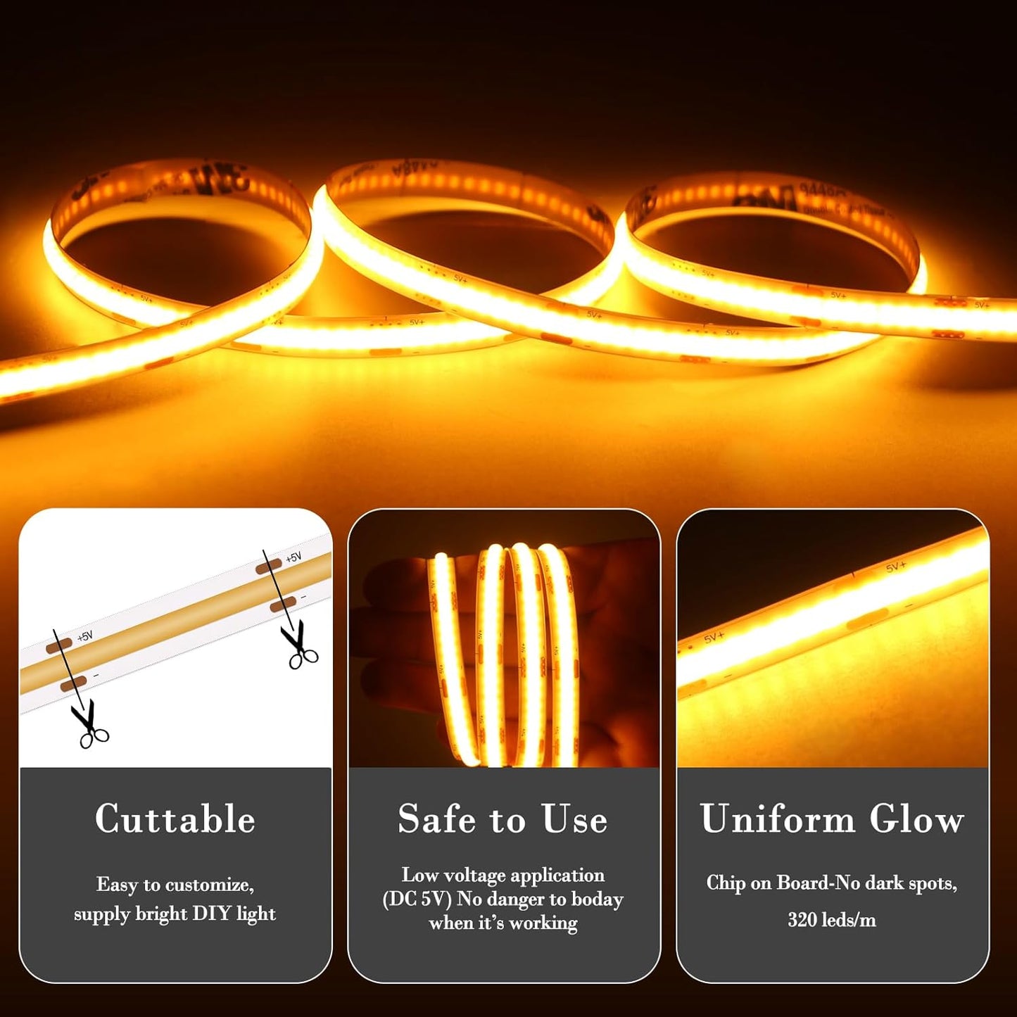 Short LED Strip Lights Yellow 5V USB Not Dimmable Flexible COB LED Rope Lights 320 LEDs/m Super Bright Gold Bendable Small Tape Lights for Exhibition Hall,Living Room TV Lights Decor (3.28FT/1M)