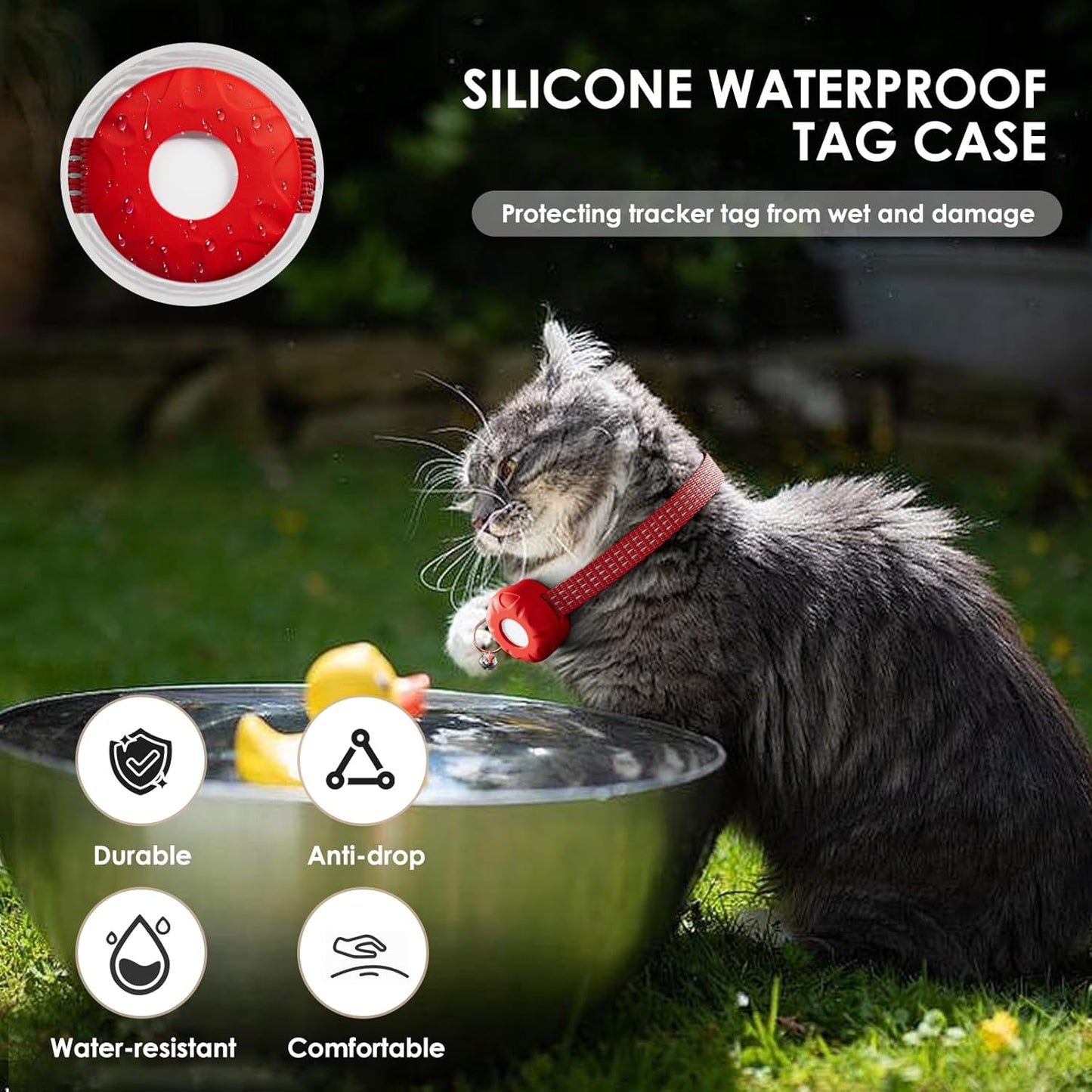 GPS Tracker, Tractive GPS Cat Tracker, Cat Tracker Collar with Safety Elastic Buckle, Works with Any Collar,Compatible with Apple Find My App (Only iOS), No Monthly Fee, Red