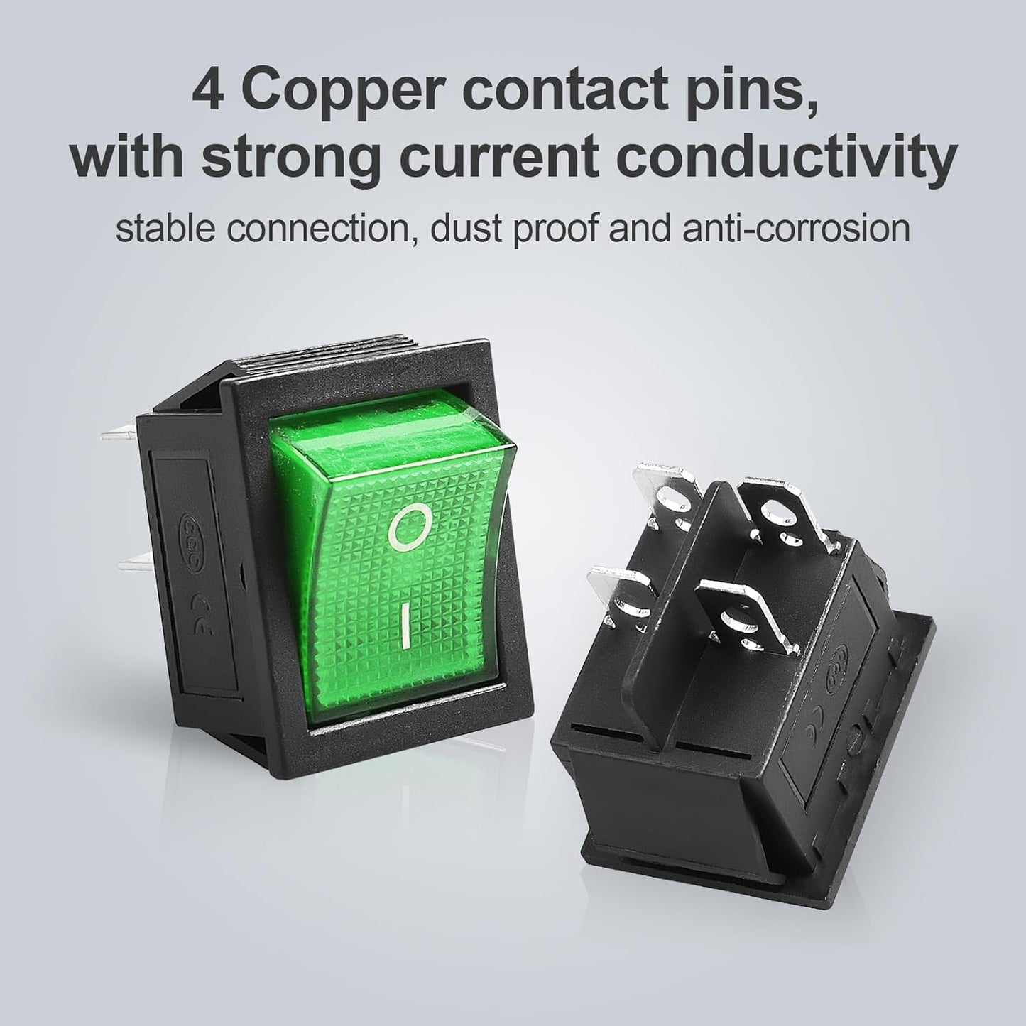 1Pcs Green LED KCD4 Boat Rocker Switch 2-Position 4-Pin DPST Panel Switch 16A 250VAC 20A 125VAC, with 6pcs FDFD2-250 Blue Terminals, CE