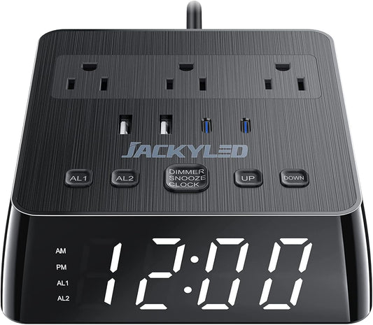 JACKYLED Alarm Clock with 4 USB Chargers Power Strip 3 Outlets 1700J Surge Protector Nightstand Dimmable Digital Clock with Dual Alarm and Snooze Function for Bedroom, Full Screen LED Display