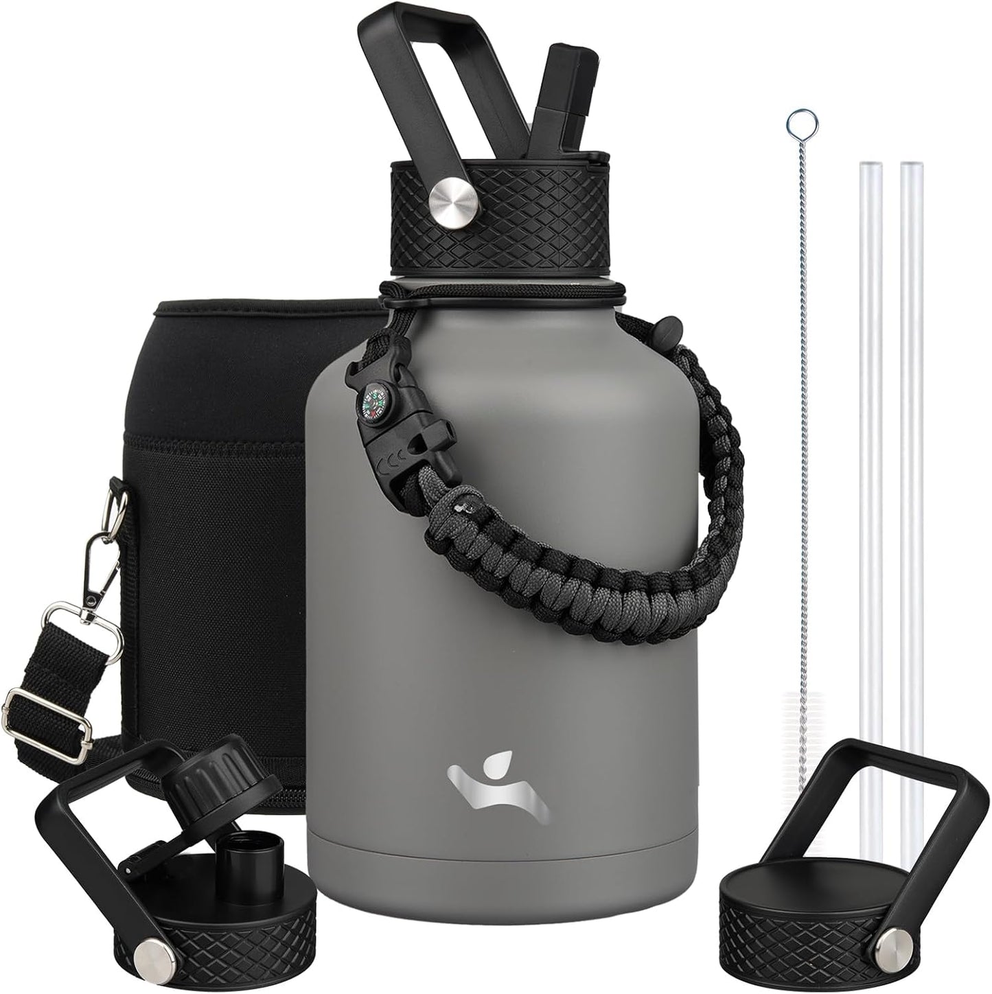 Insulated Water Bottle with Straw,50 oz 3 Lids Water Jug with Carrying Bag,Paracord Handle,Double Wall Vacuum Stainless Steel Metal Flask,Gray