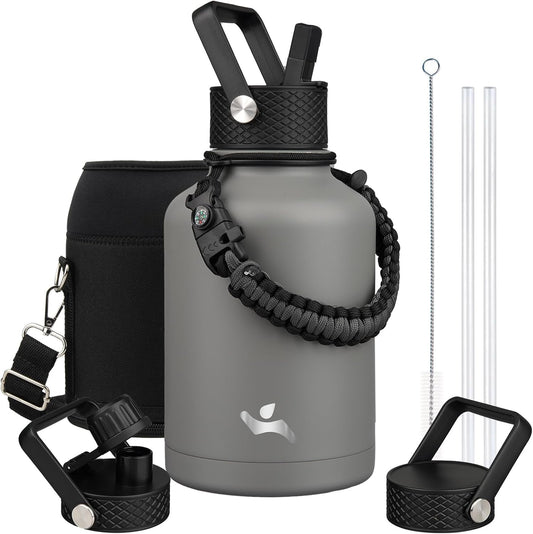 Insulated Water Bottle with Straw,50 oz 3 Lids Water Jug with Carrying Bag,Paracord Handle,Double Wall Vacuum Stainless Steel Metal Flask,Gray