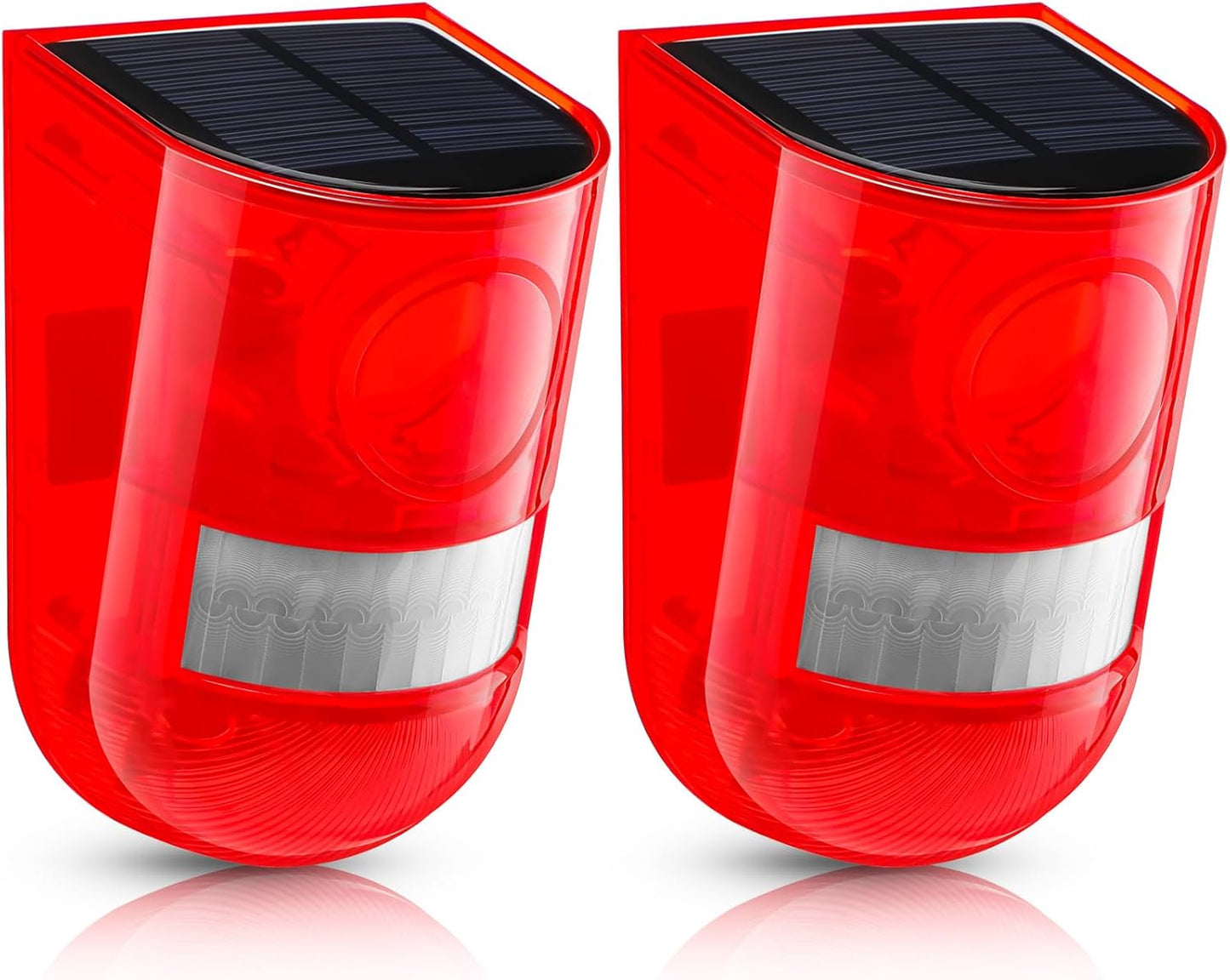 Qualirey 2 Pack Solar Sound and Light Alarm Motion Sensor 129db Outdoor Security Siren Waterproof Motion Activated Detector Alarm 6 LEDs Flash Warning Strobe System for Home, Farm (Red)
