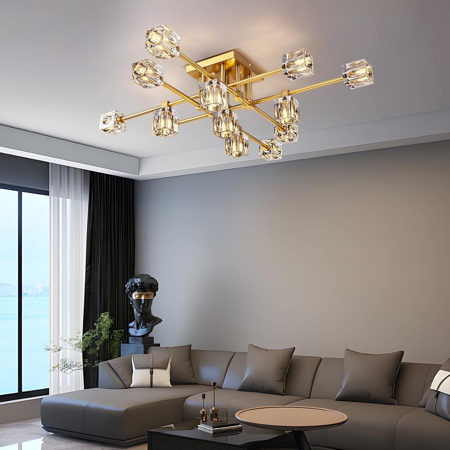Semi Flush Mount Ceiling Light Fixture,13-Lights Modern Gold K9 Crystal Chandeliers,Farmhouse Light Fixtures Ceiling Sputnik Lights for Bedroom,Living Room,Dining Room,Kitchen,Entryway