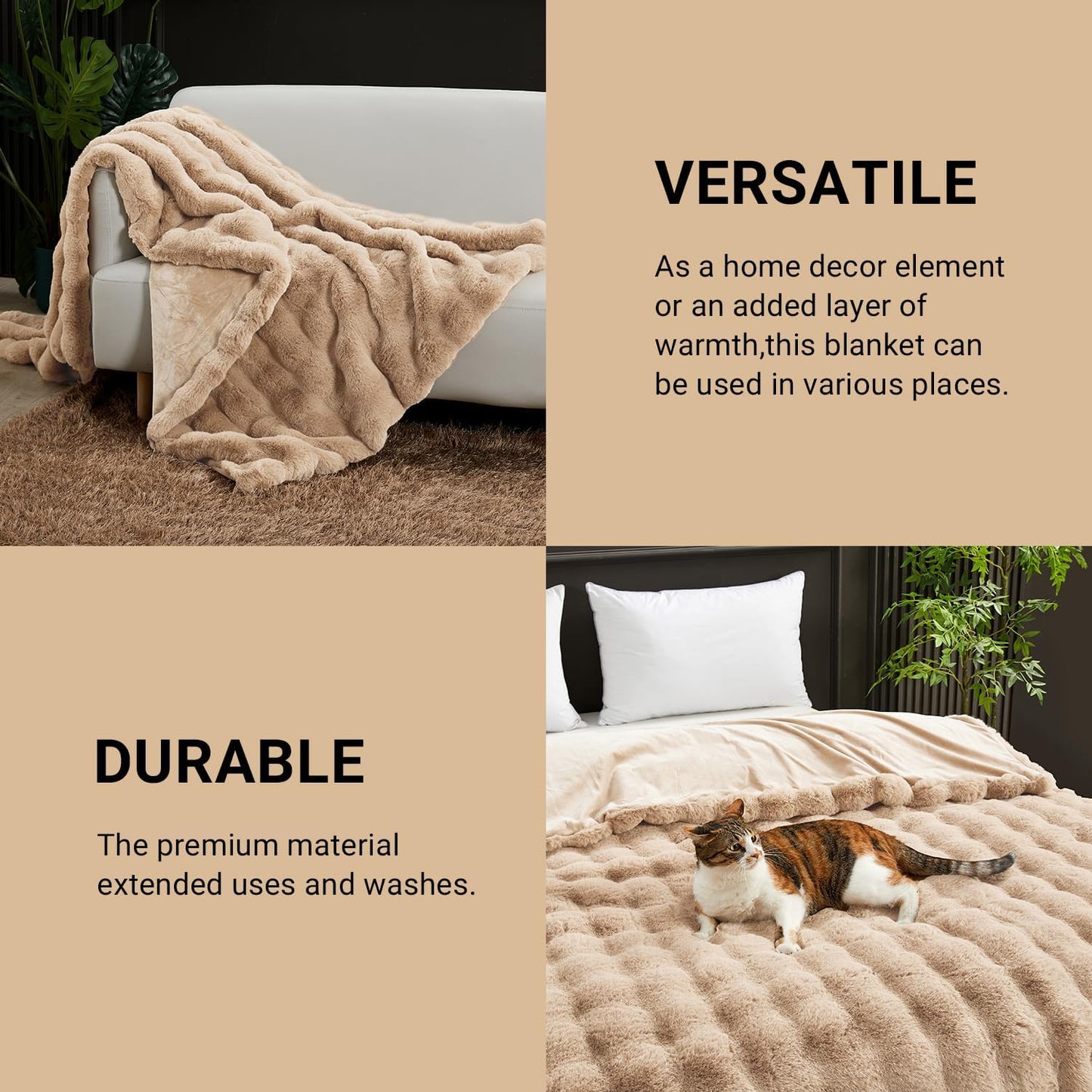 SAPHREAS Faux Fur Throw Blanket for Couch, Fluffy Fuzzy Bubble Blanket for Sofa Bed Living Room, Decor Soft Cozy Gifts for Women Men, 60x80” Khaki