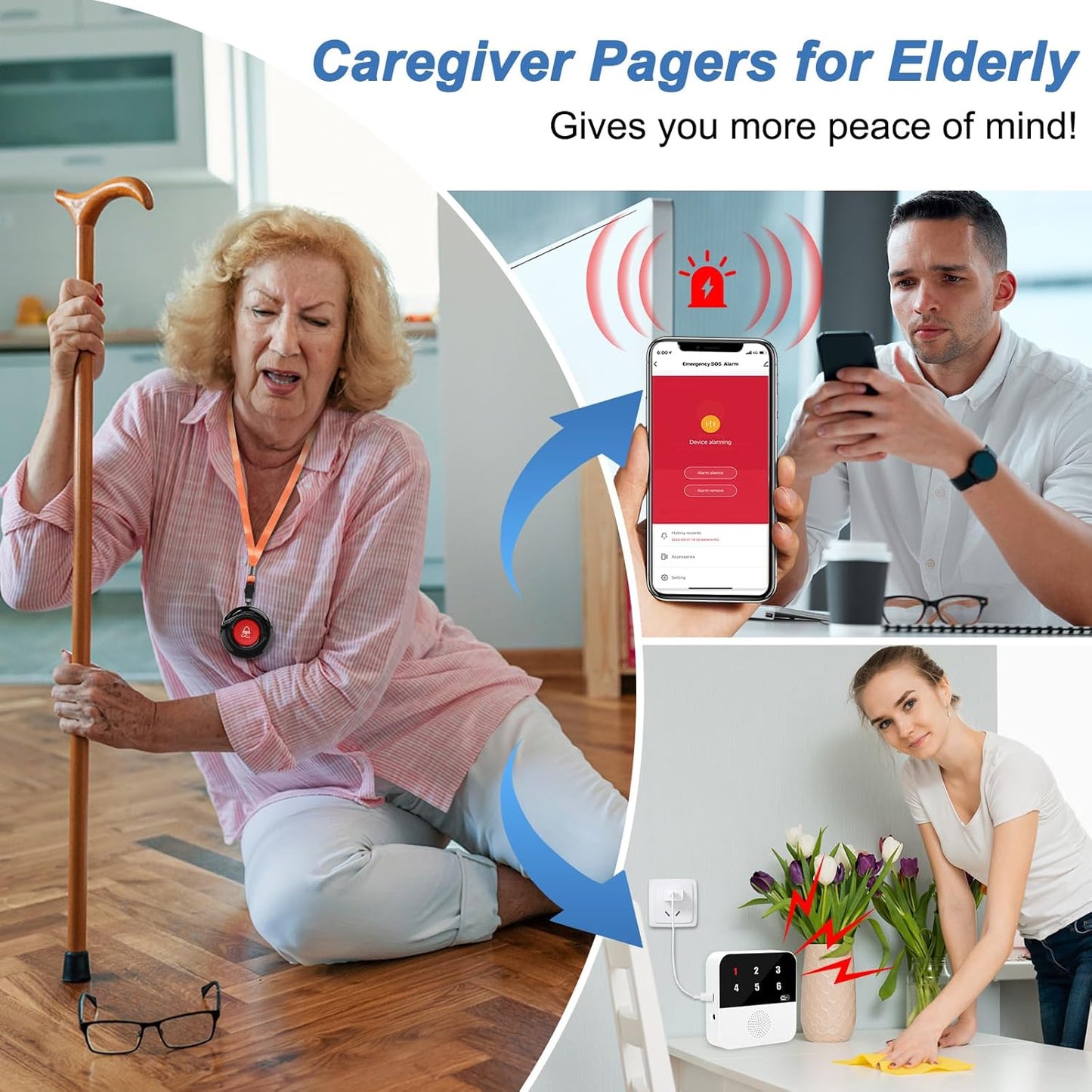 WiFi Caregiver Pager Wireless Call Button Life Alert Systems for Seniors No Monthly Fee with LED Number Display Alert Button for Elderly Patient Disabled 6 Button 1 Receiver(only Supports 2.4GHz WiFi)