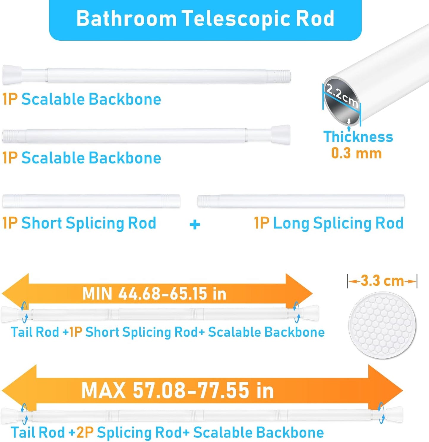 Shower Curtain Rod 42-73 Inch White Shower Rod 7/8" Tension Curtain Rod Adjustable Curtain Rods No Drilling Shower Tension Rod Shower Curtain Tension Rod for Bathroom Windows Doorways