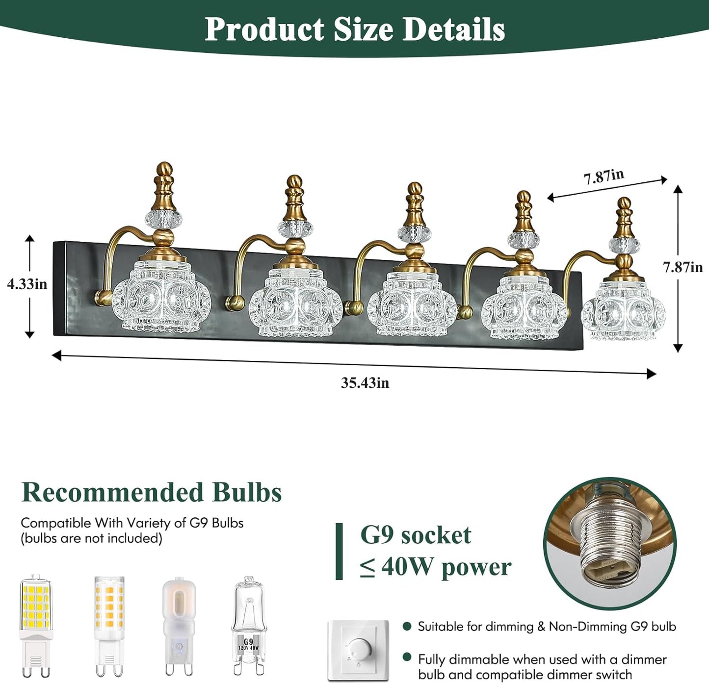 Modern Glass Crystal Vanity Light - Vintage Bathroom Lighting Fixtures Over Mirror, 5 Light Vanity Lights G9 Bulb (35.43 Inch, Black Gold)