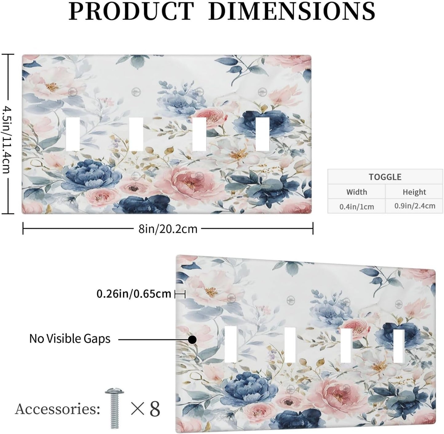 Light Switch Cover Plate Elegant Watercolor Pink Blue Flowers Floral Quad Toggle Wall Plates Decorative Switch Plates 4 Gang Outlet Covers Electrical Panel Cover Faceplate for Home Decor 4.5 X 8 IN