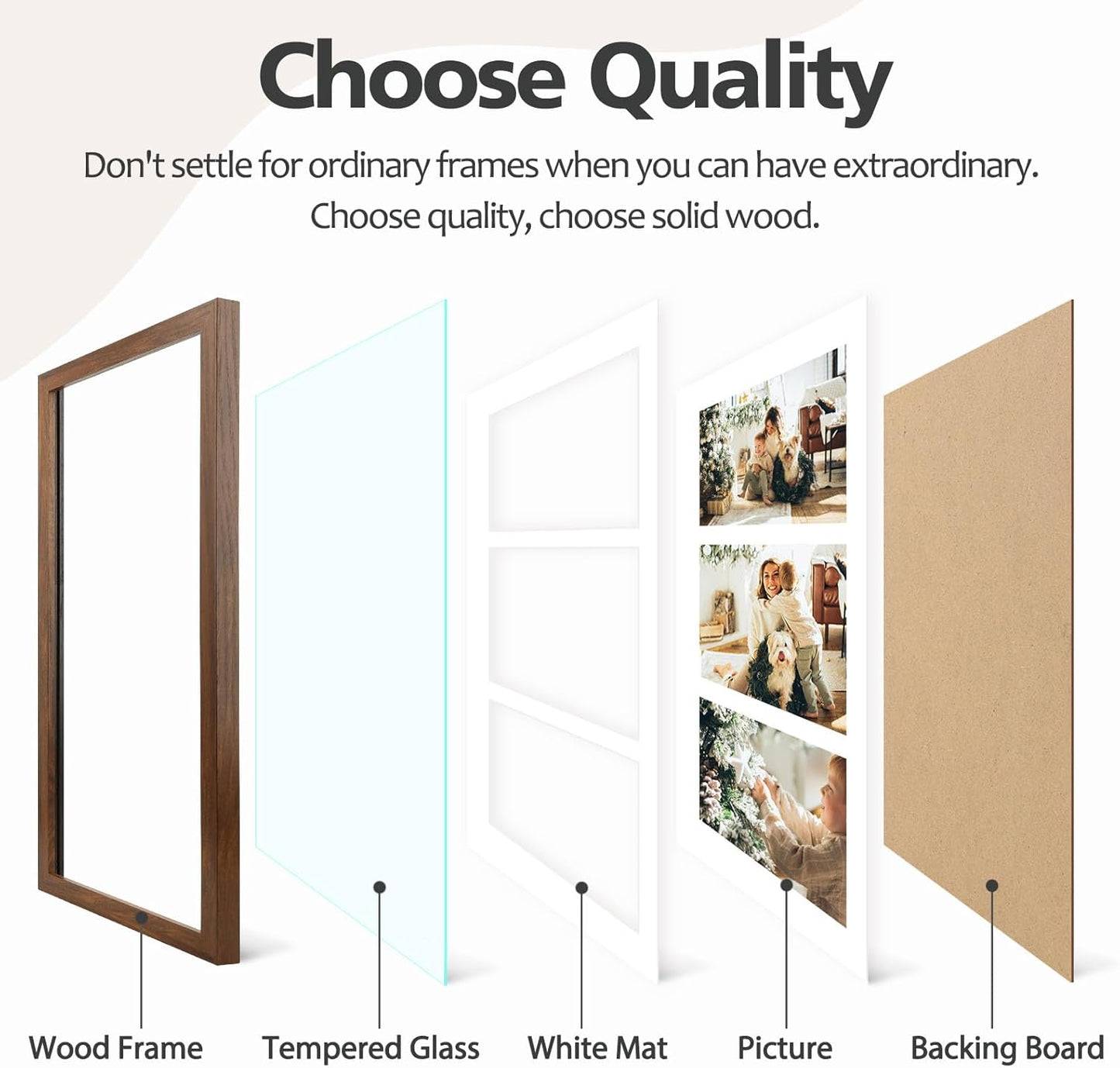 Golden State Art Three 5x7 Collage Picture Frame - Solid Wood with Tempered Glass - Multi Picture Frame Display Three 5x7 Photos with Mat - or One 9x18 Frame Without Mat for Wall Decor, Brown