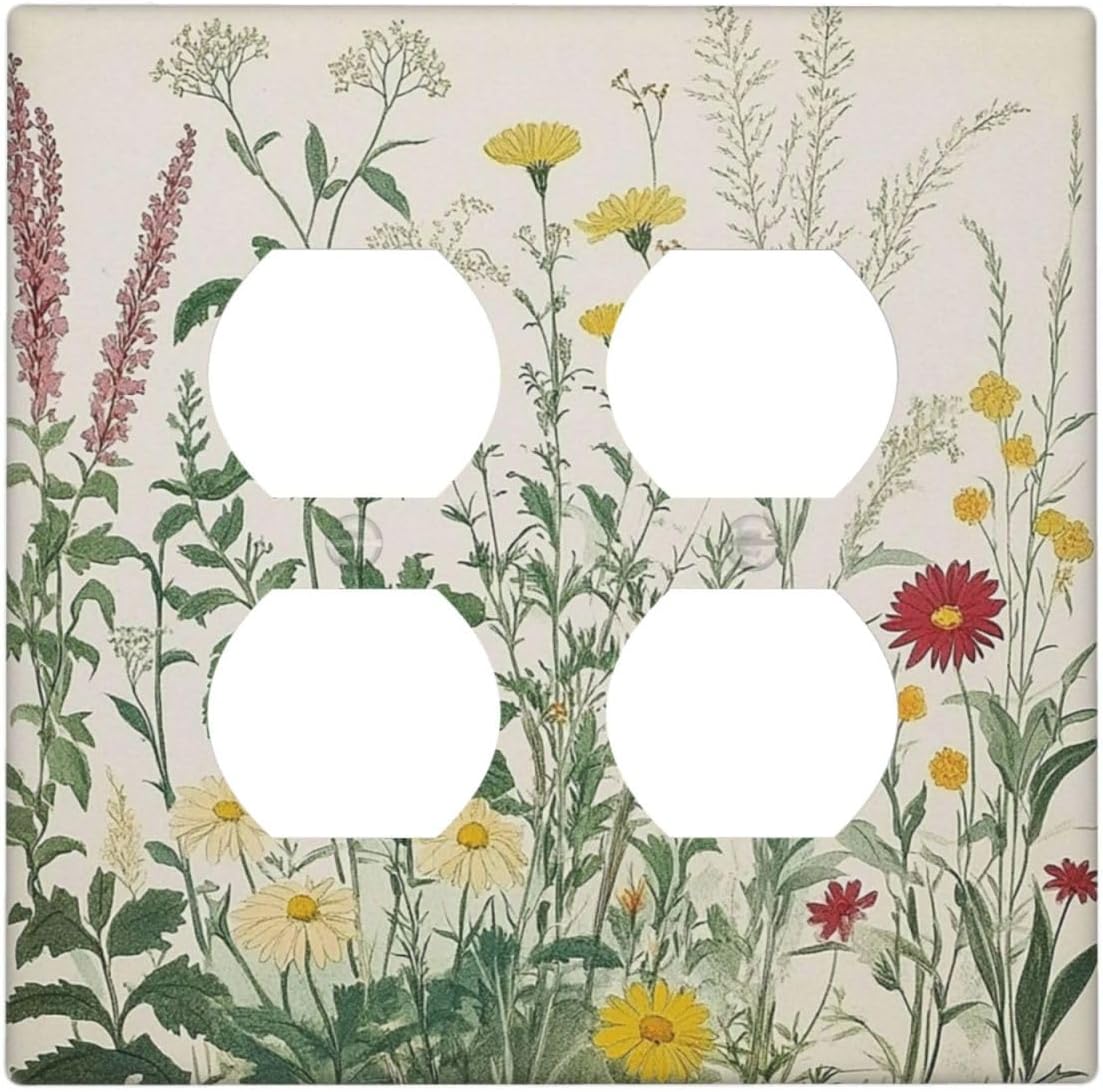 Rustic Wildflower Green Plants Daisy Floral Outlet Covers 2 Gang Double Duplex Decorative Light Switch Covers Electrical Wallplates Socket Faceplate For Farmhouse Bed Room Decor