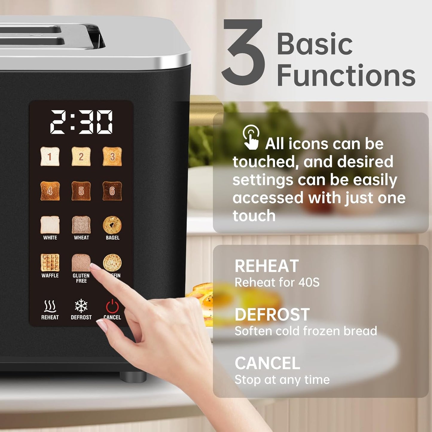 SEEDEEM Toaster 2 Slice, Touch Control Screen, Smart Stainless Toaster, 6 Shade Setting, 6 Bread Selection, Countdown, Removable Crumb Tray, 900W, Matte Black