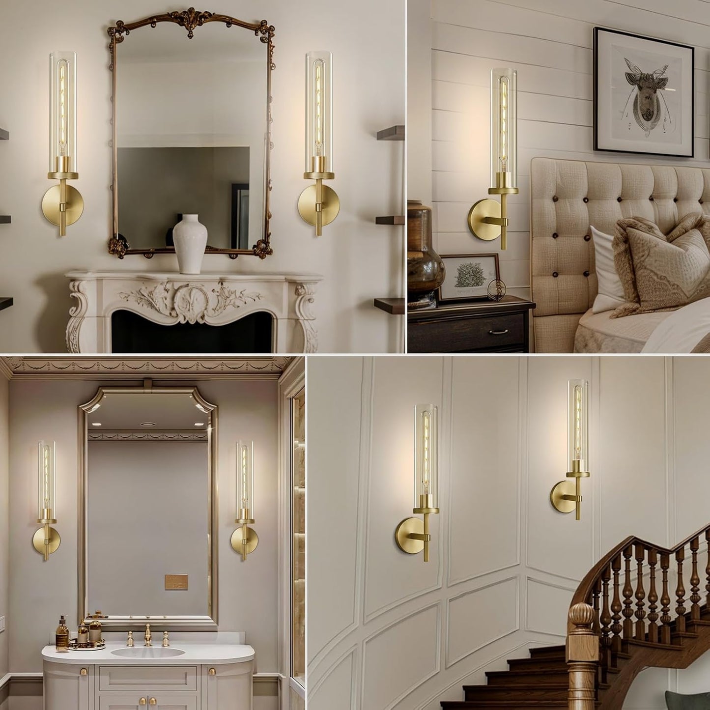 Gold Wall Sconces Set of Two, 19.48" Knurled Gold Wall Lighting with Glass Tube, Modern Brass Sconces Wall Lamp for Bedroom Living Room Bathroom Hallway Staircase & Vanity Mirror(Including Bulb)