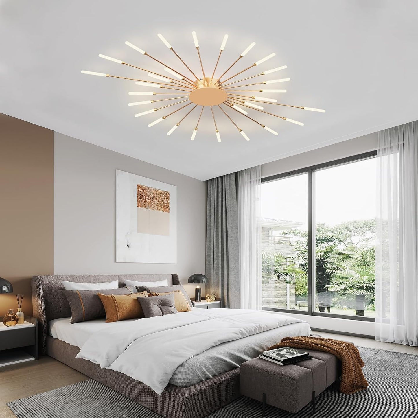 Modern Ceiling Light Flower Shape, Metal Firework Ceiling Lamp with Plug-in LED Source, Lighting Fixture for Living Room Dining Room Bedroom, Natural Light