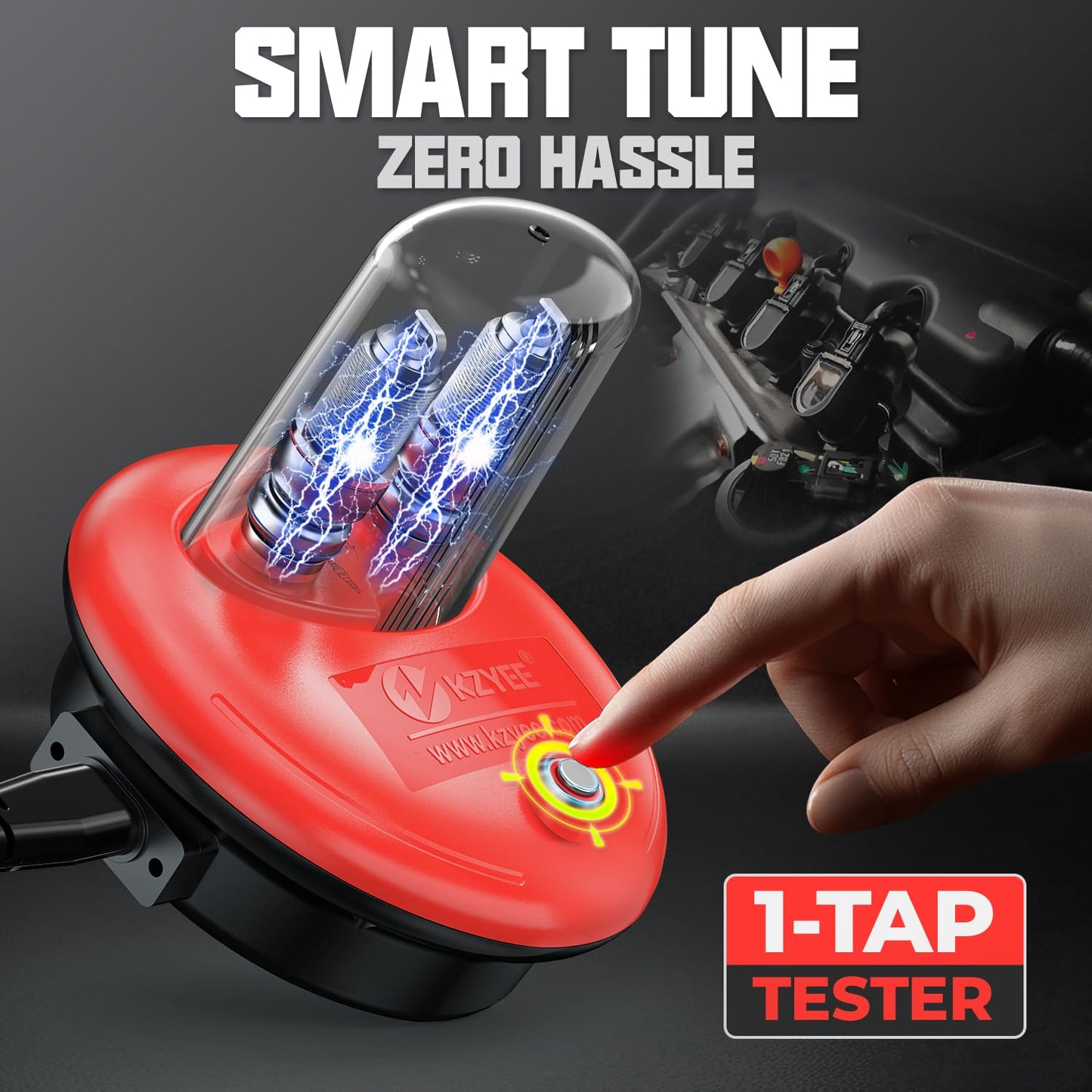 KZYEE KS30 Spark Plug Tester – One-Tap Ignition Coil & Spark Plug Test Tool, Dual-Port Design with Safety Shield, Plug-and-Play for 12V Gasoline Engines