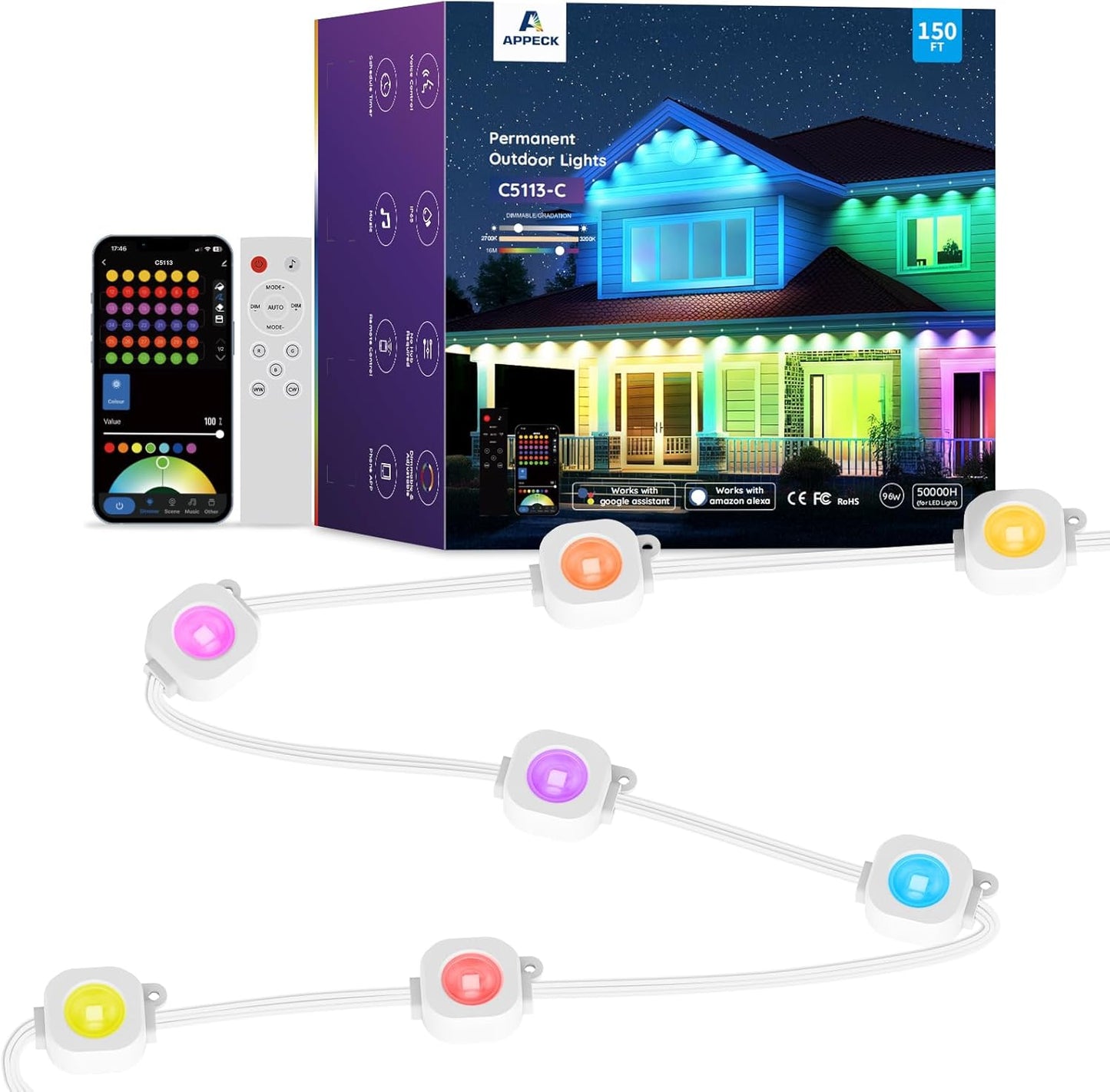 Permanent Outdoor Lights 150ft,RGBW Eaves Light with 108 LED Lights,111+ Scenes Modes Outdoor Lighting, Waterproof Permanent Light for Daily Holiday Halloween Decorations, Compatible with Alexa,White