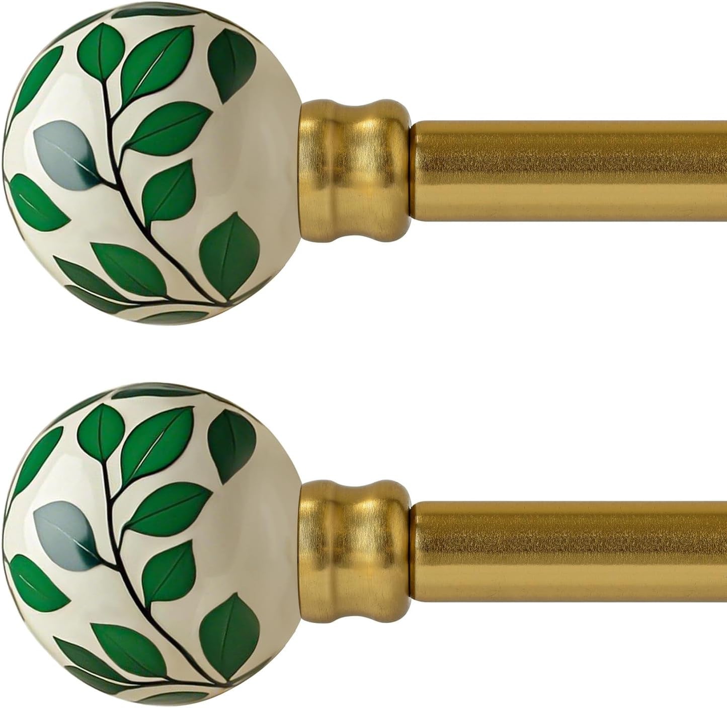Ceramic Gold Curtain Rods Set of 2 for Windows 66 to 120 Inches Adjustable Length Duty 1" Diameter Window Curtain Rod with Modern Green Leaf Pattern Decorative Finials for Bedroom Living Room Kitchen
