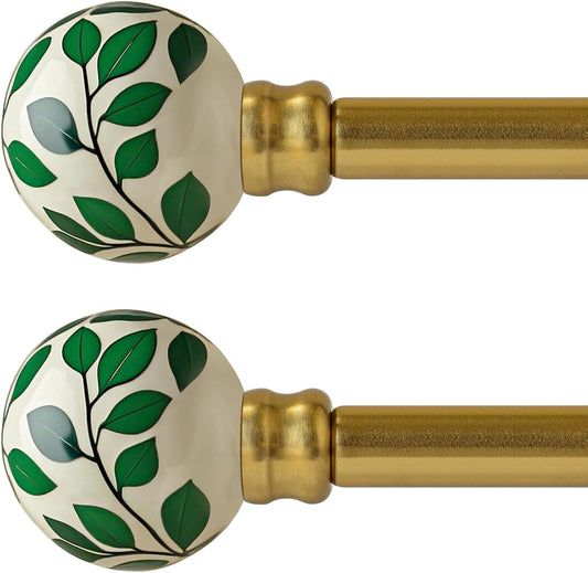 Ceramic Gold Curtain Rods Set of 2 for Windows 72 to 144 Inches Adjustable Length Duty 1" Diameter Window Curtain Rod with Modern Green Leaf Pattern Decorative Finials for Bedroom Living Room Kitchen