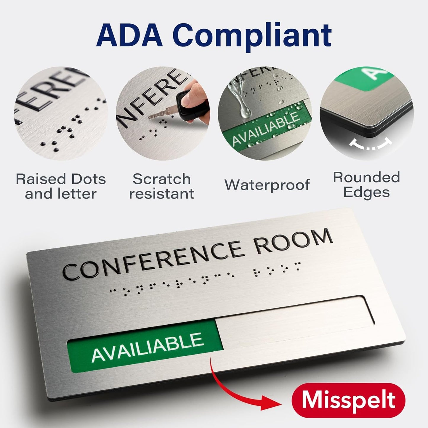 Conference Room Office Door Signs Do Not Disturb, In Use/Available Slider Sign with Raised Text & Grade 2 Braille, Conference Vacant Occupied Sign Brushed Aluminum/Silver