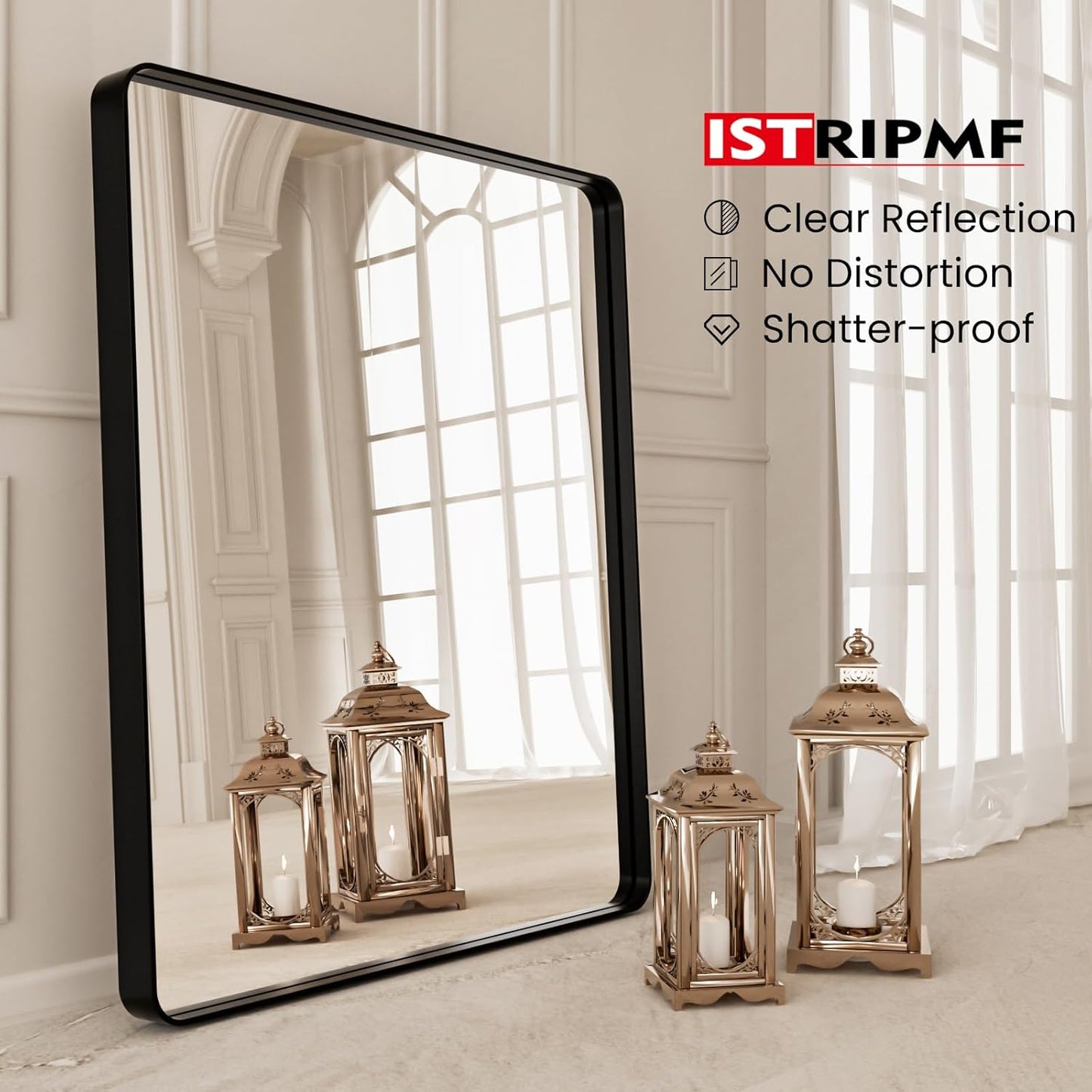 Black Metal Framed Bathroom Mirror for Wall,28X32 Inch Rounded Rectangle Mirror,Matte Black Bathroom Vanity Mirror Farmhouse,Anti-Rust,Tempered Glass,Hangs Horizontally or Vertically