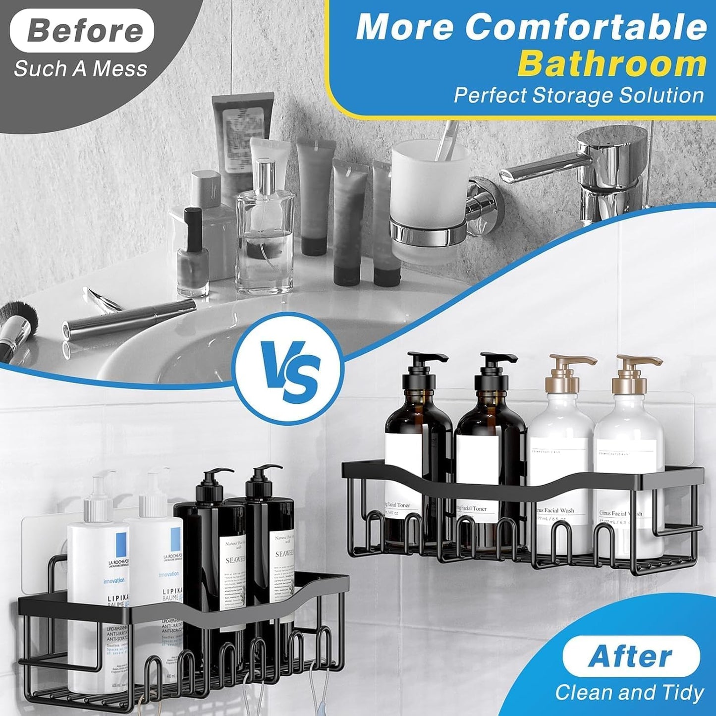 EUDELE 5-Pack Rustproof Stainless Steel Shower Caddy Set– No Drill Adhesive Bathroom Organizer, Space-Saving Shower Shelves for Apartment Essentials, Bathroom/Kitchen Storage Home Decor-L Size