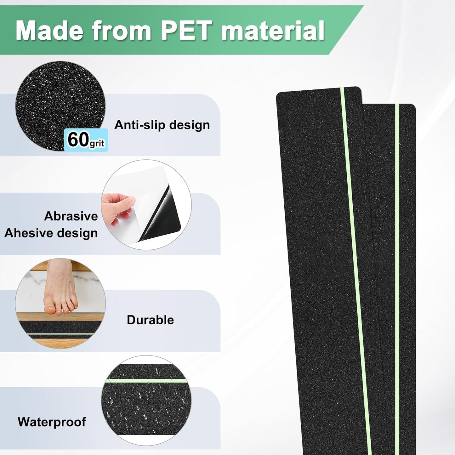 5-Pack Anti Slip Traction Tape 30" x 6" Best Grip Tape Grit with 6mm/0.24" Glow in Dark Stripe High Traction Friction Abrasive Adhesive for Indoor/Outdoor Stairs[Black+Green]