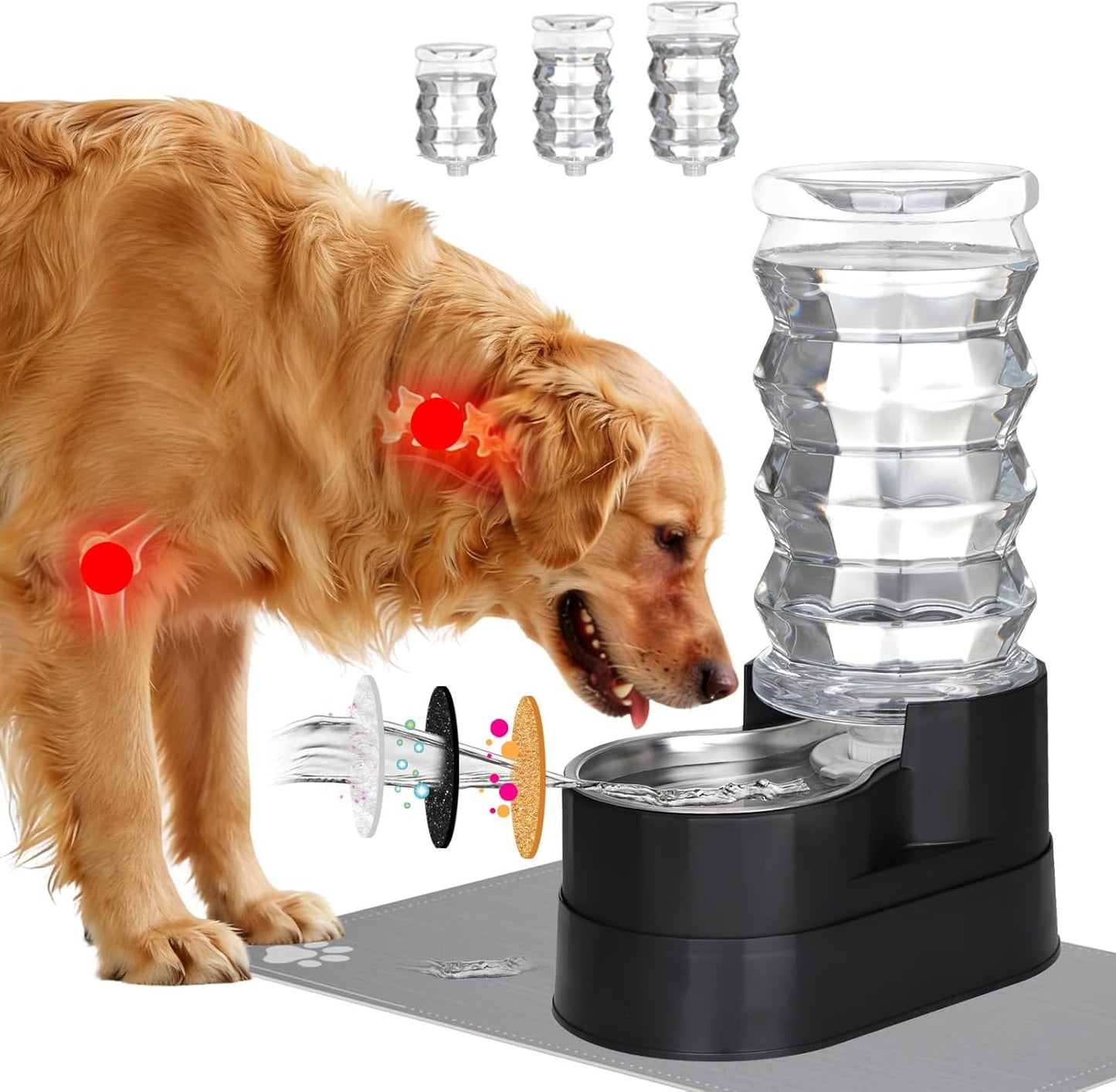 RIZZARI Large Water Dispenser for Dogs: 8L Raised Gravity Black Automatic Stainless Steel Waterer with Specialized Brush and Triple Filter for Senior Dogs - Good for Spine - in Bedroom Garden