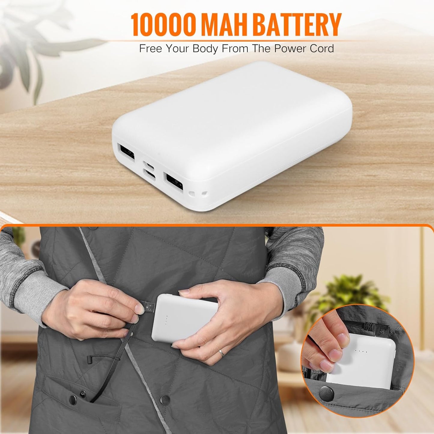 Battery Operated Heated Blanket, Fast Heating Wearable Wireless Heated Shawl Throw, Water-Resistant Cordless Electric Blanket with Power Bank for Camping, Outdoor, Stadium, Winter Warm Gift(Grey)