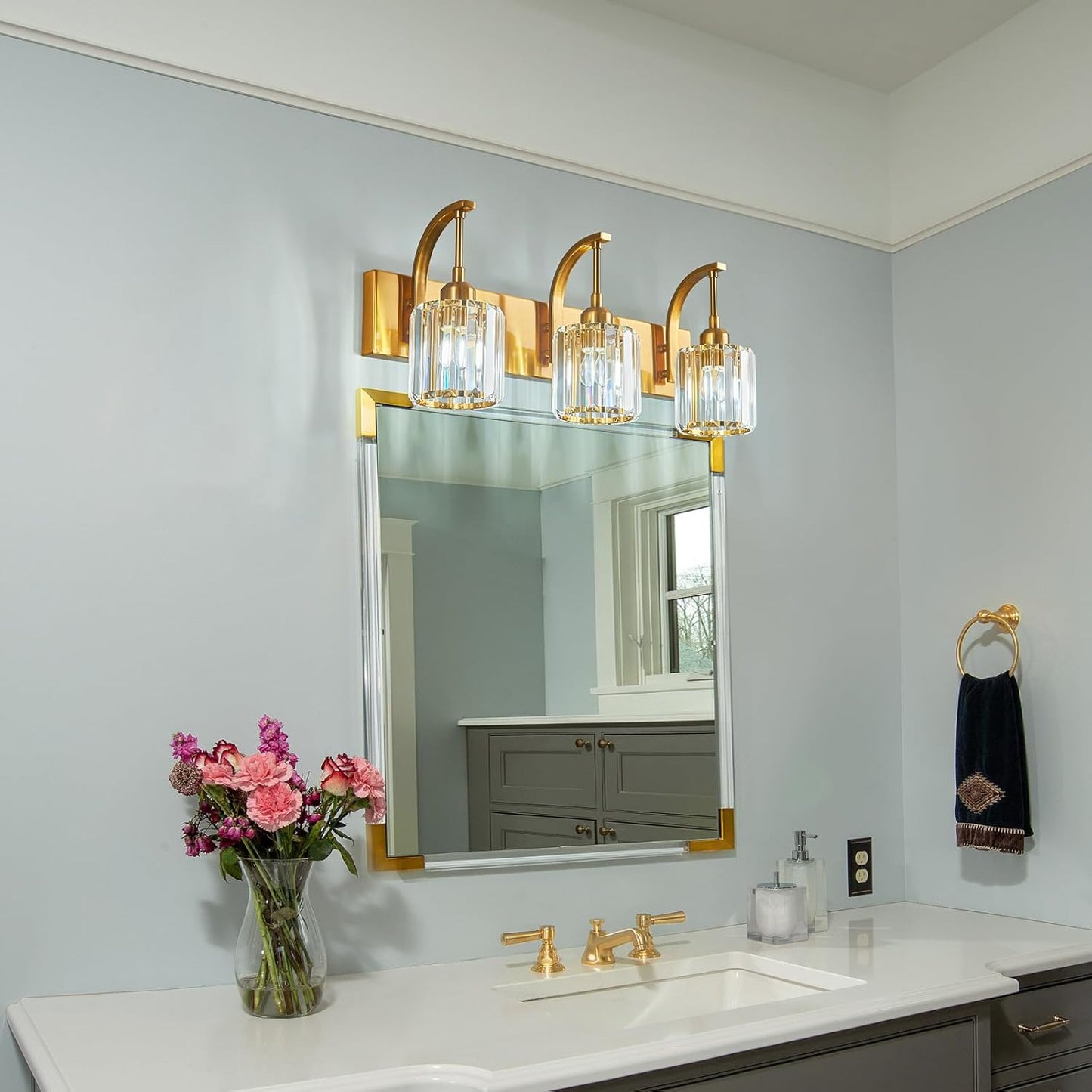 3-Light Crystal Vanity Light, Modern Gold Bathroom Wall Sconce with K9 Crystal Shades, 23.62" Long Over Mirror Lighting for Vanity, Makeup, Hallway, Elegant & Durable