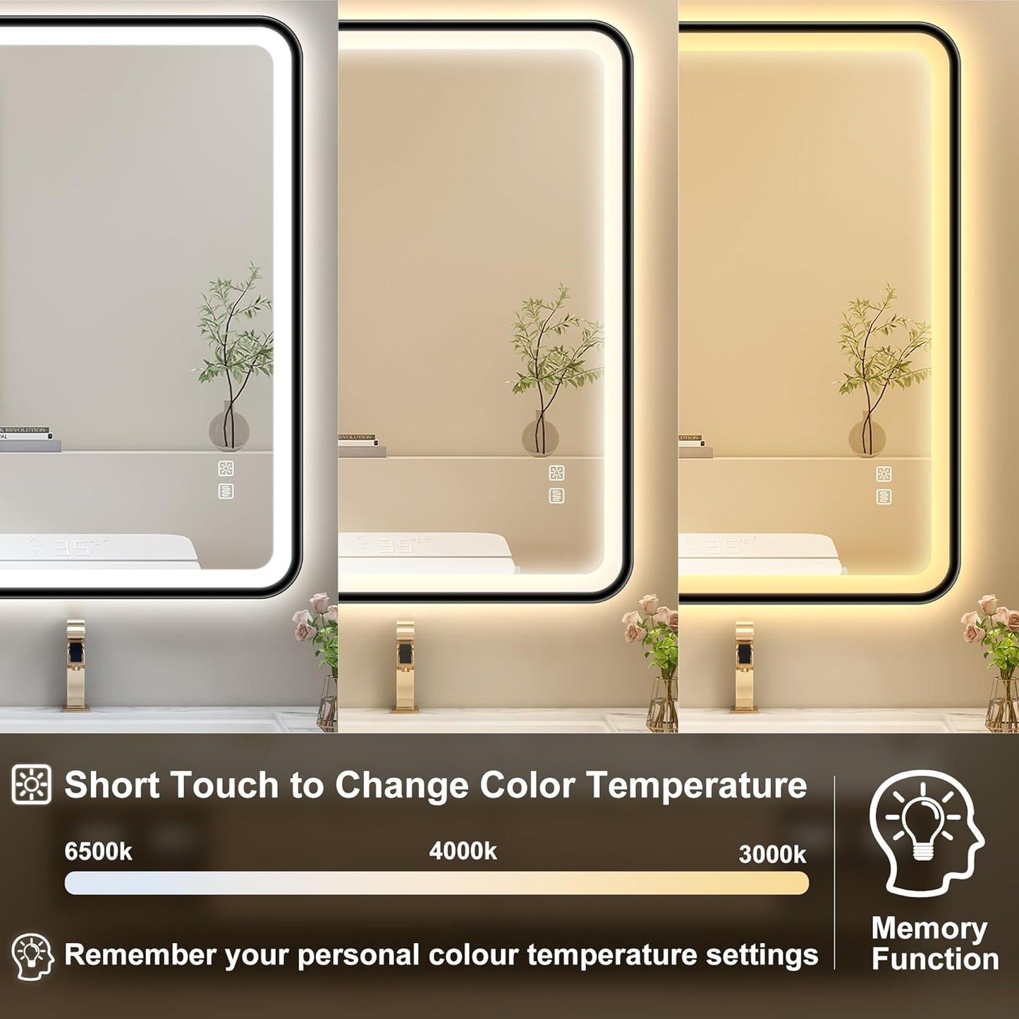 S'bagno 32X24 Black LED Mirror for Bathroom with Frontlit & Backlit, LED Bathroom Mirror with Metal Frame, Anti-Fog, Stepless Dimmable, 3 Colors Temperature LED Vanity Mirror(Horizontal/Vertical)