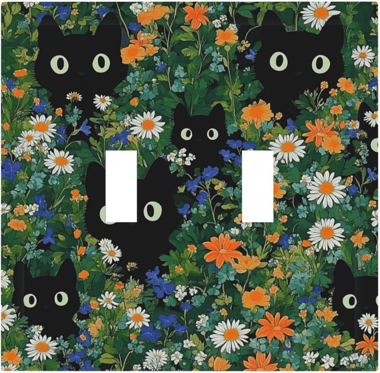 Boho Funny Black Cute Cats Daisy Wildflower Decorative Switch Plates 2 Gang Double Toggle Outlet Light Switch Cover Wall Plate Electrical Faceplate For Kids Room Bed Room Decor