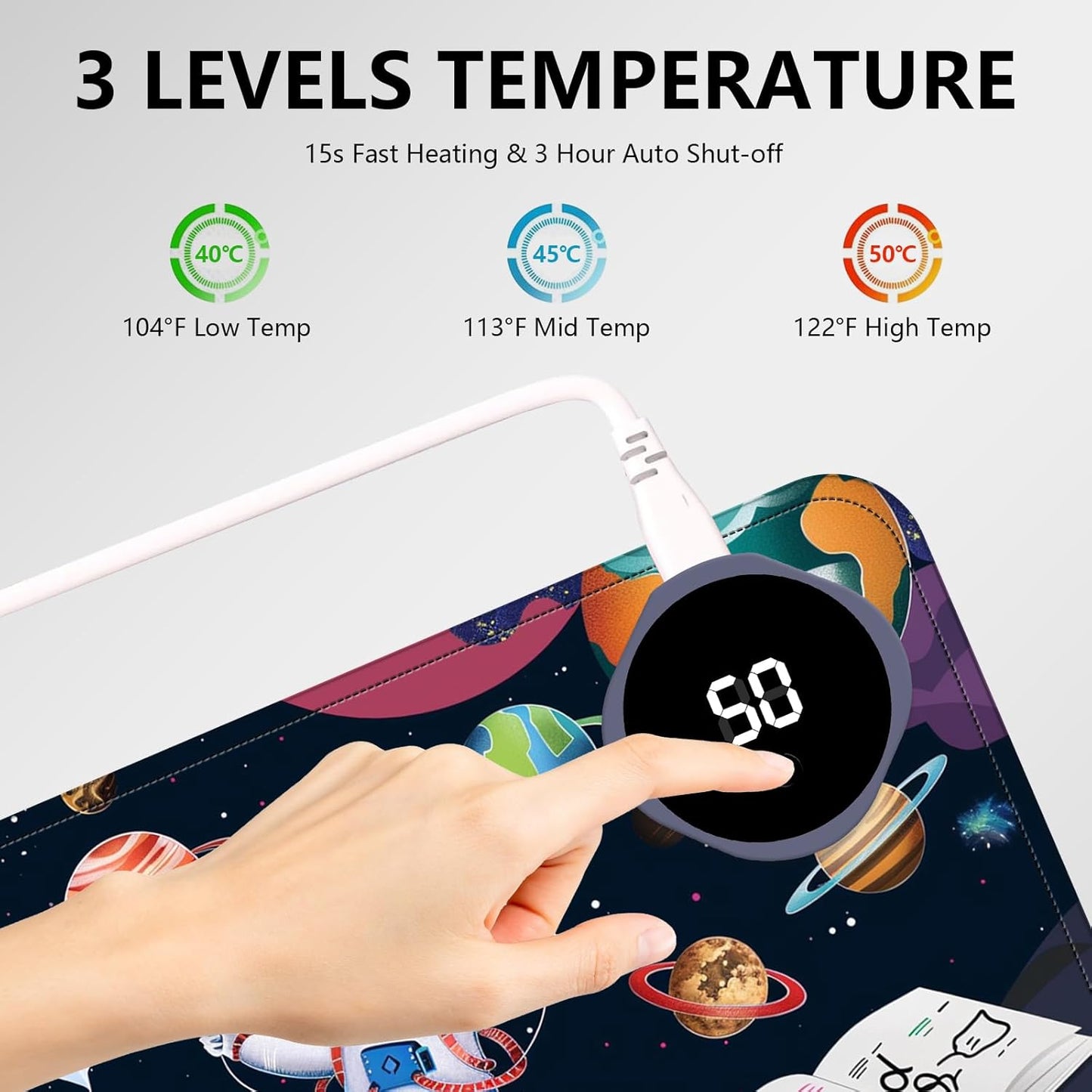 Heated Mouse Pad with 3 Levels Heated & 3 Hours Auto Shut-Off Mouse Pad for Warming Hands in Office Home, 23.6" x 14.2"Large Safe Desk Mat Hand Warmer，Cute Astronaut