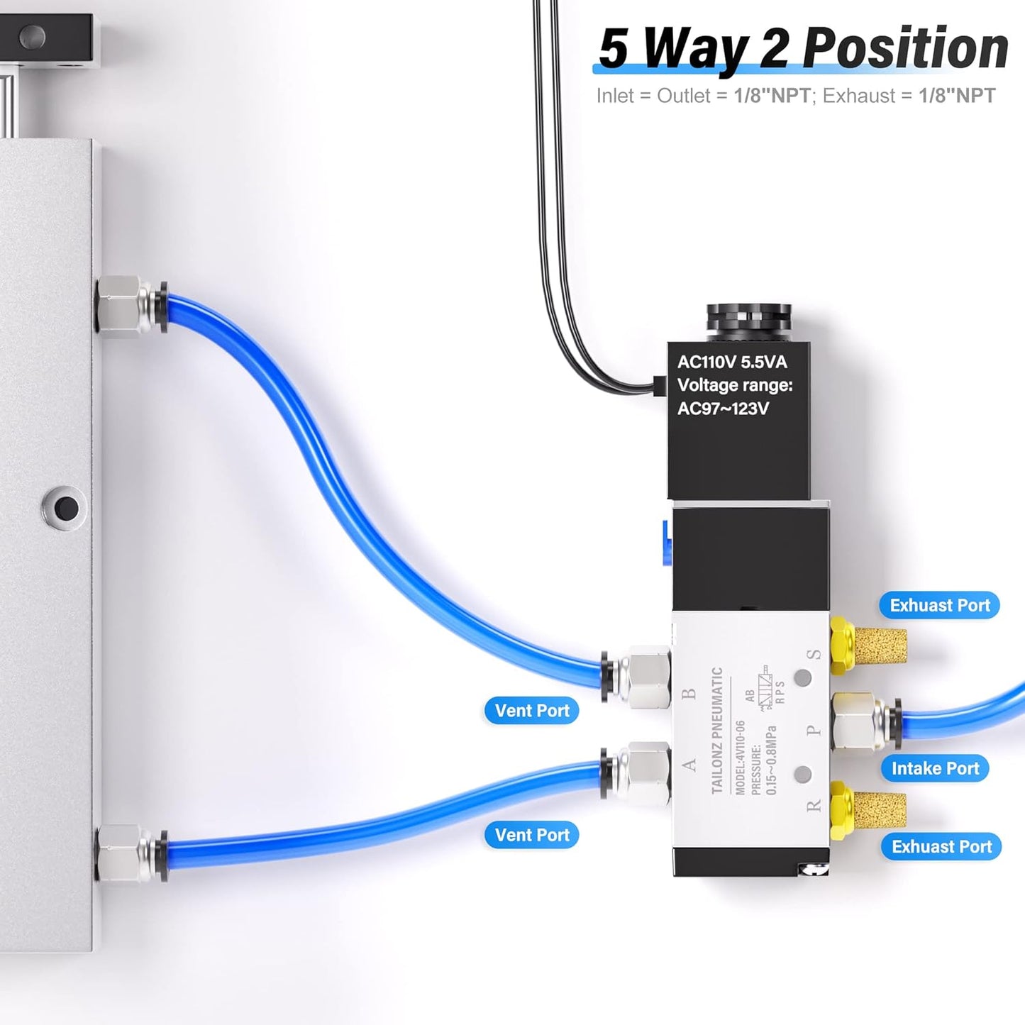 TAILONZ PNEUMATIC 1/8"NPT Solenoid Valve 4V110-06 AC110V Single Coil Pilot-Operated Electric 2 Position 5 Way Connection Type Outlet wire