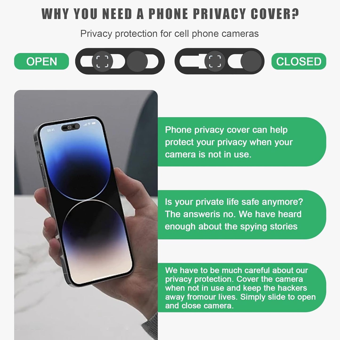 Front Camera Cover Compatible for iPhone 16/16Plus/16Pro/16Pro Max/15/15Plus/15Pro/15Pro Max/14Pro/14 Pro Max,Open/Close Face Recogition,Protect Privacy and Security-Black