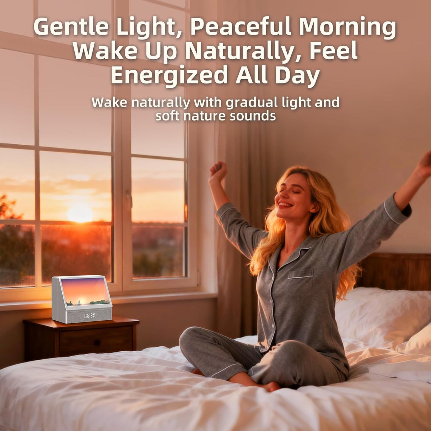 Ocean Sunrise Alarm Clock Wake Up Light, 6 Nature Scenes, White Noise, Sunset Simulation, Sleep Aid Night Light for Bedroom, Kids and Adults