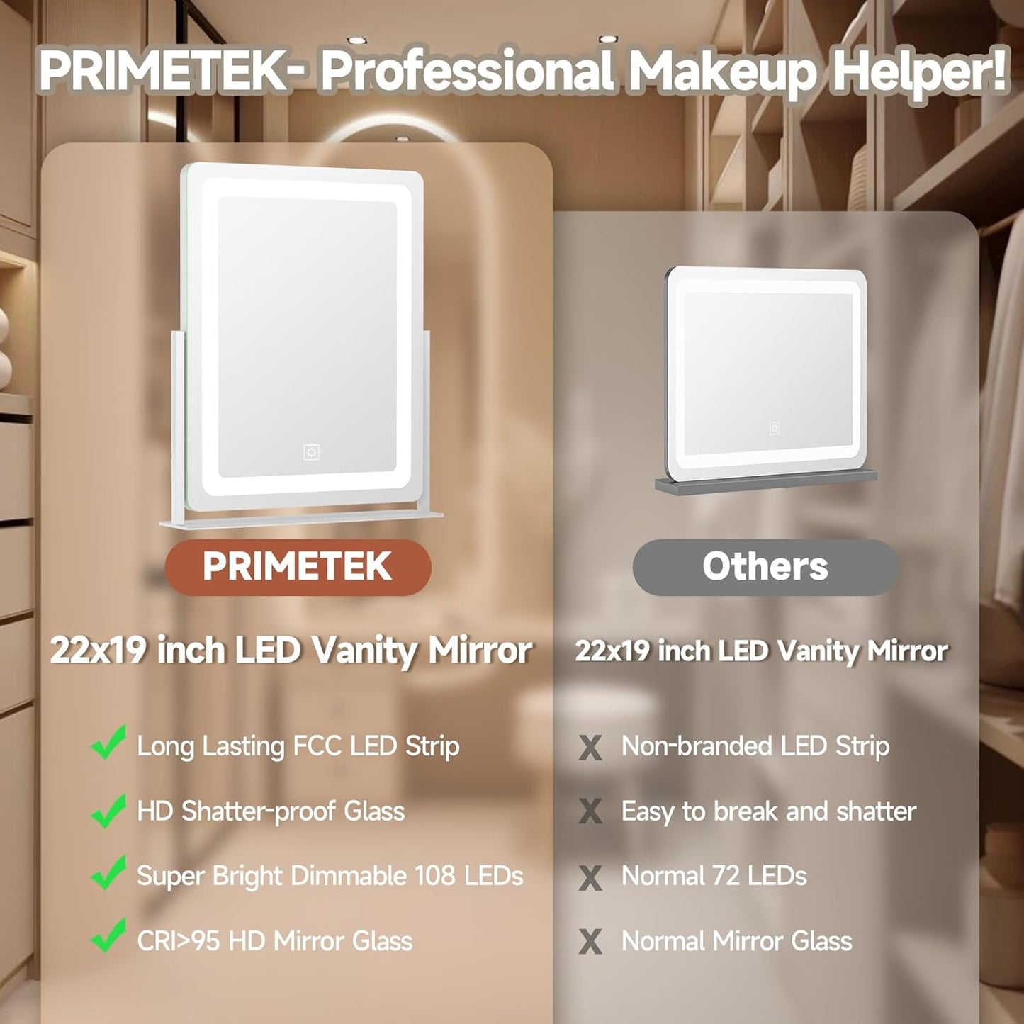 PRIMETEK Vanity Mirror with Lights, 19"x22" Large Makeup Mirror with Lights, LED Lighted Makeup Mirror, Touch Screen with 3-Color Lighting, Dimmable for Vanity Desk Tabletop, Bedroom, White