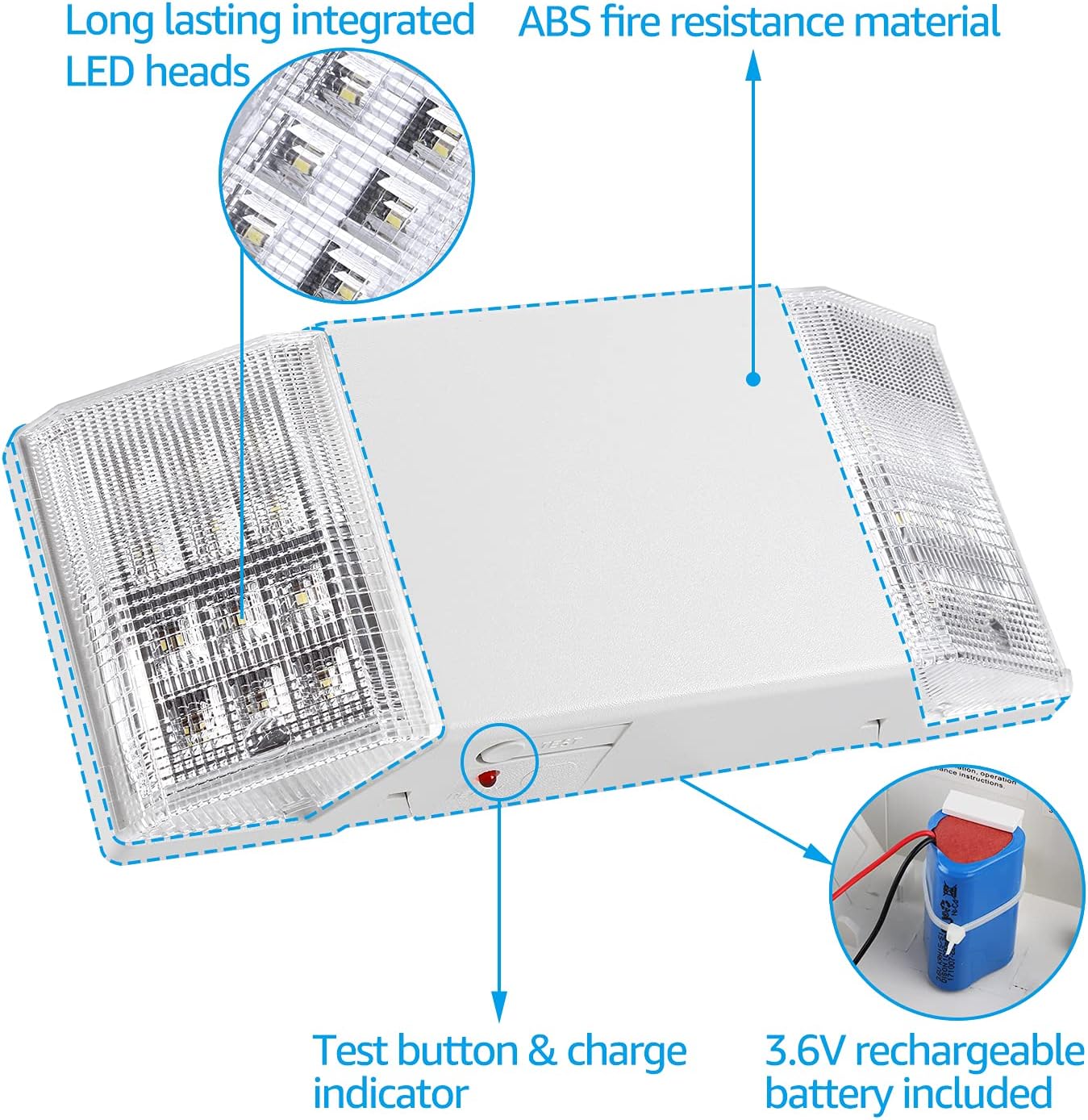 TORCHSTAR LED Emergency Lighting, Commercial Emergency Lights with Battery Backup, UL Listed, Two Square Heads, AC 120/277V, Hardwired Emergency Exit Light Fixtures for Business, Pack of 4