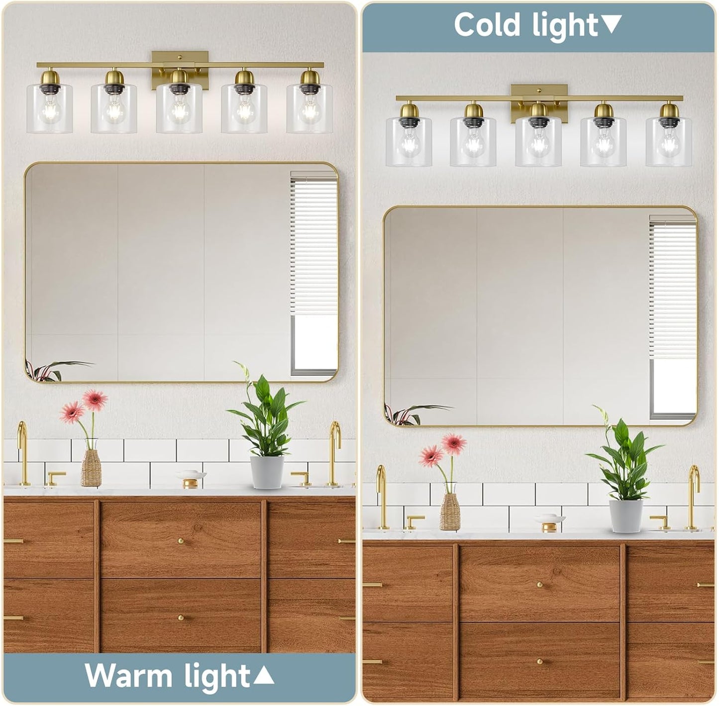 Modern Brushed Gold 5 Light Bathroom Vanity Light,31 inch Vanity Lights for Bathroom with Clear Glass for Mirror Kitchen Living Room Hallway Cabinet Porch